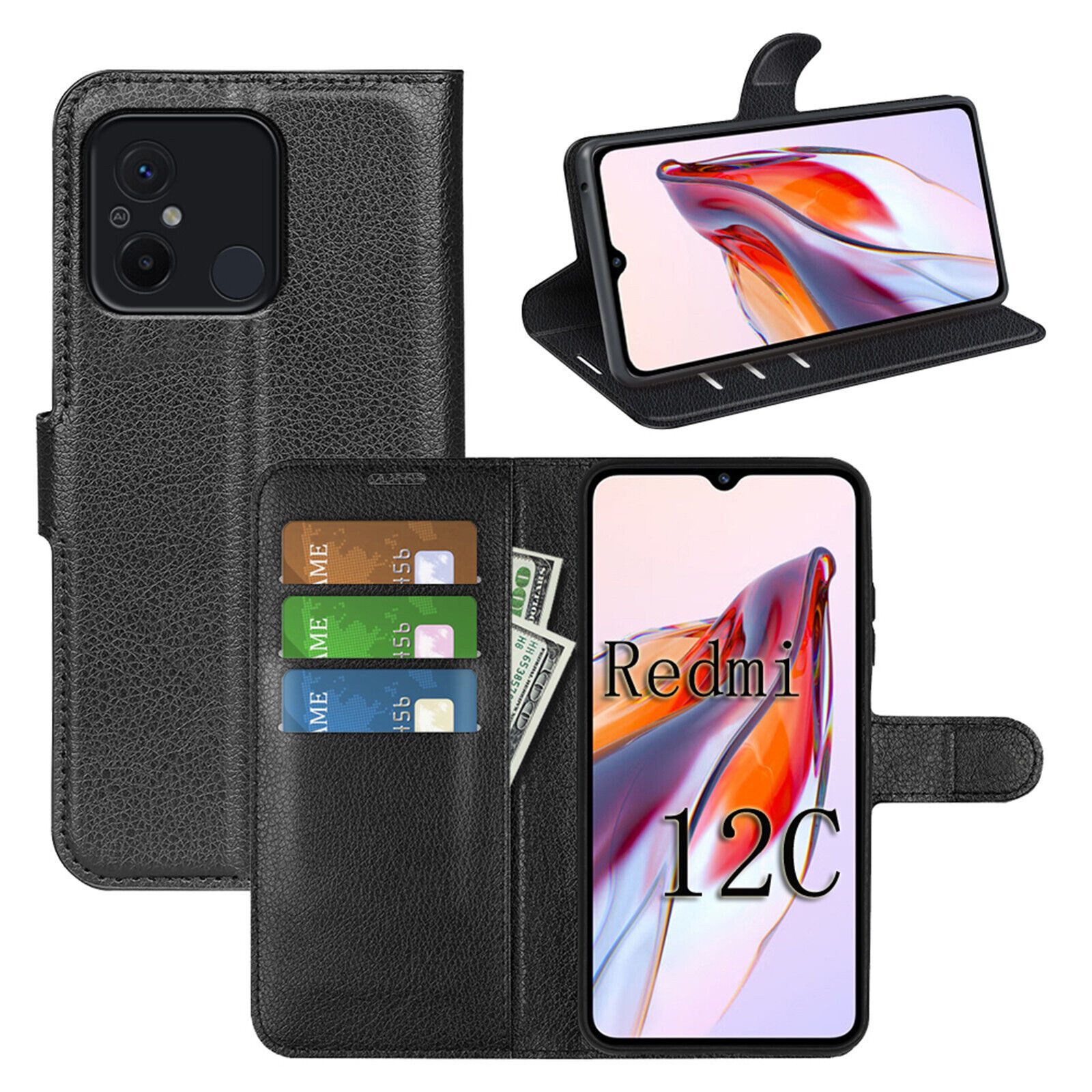 betterfon Handyhülle Handytasche für Xiaomi Redmi 12C Klapphülle Schwarz, 3 Kartenfächer, Magnetverschluss & Standfunktion im Lederlook