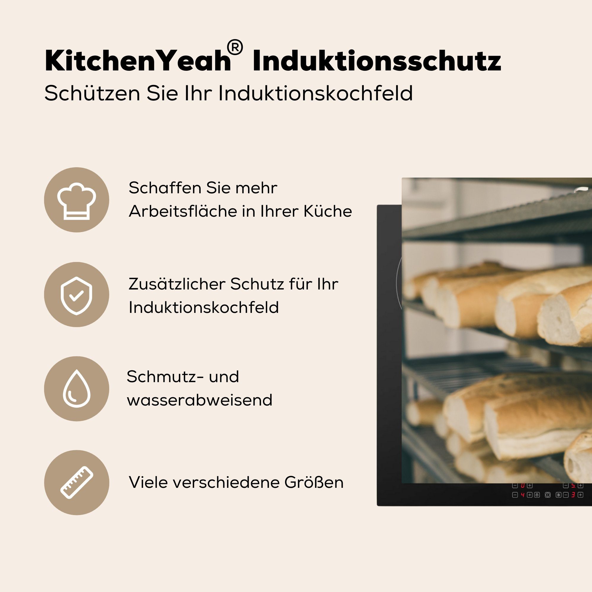 Die Herdblende-/Abdeckplatte Vinyl, (1 tlg), Schutz MuchoWow cm, für die Induktionskochfeld des küche, 81x52 Bäckers, Teller Ceranfeldabdeckung