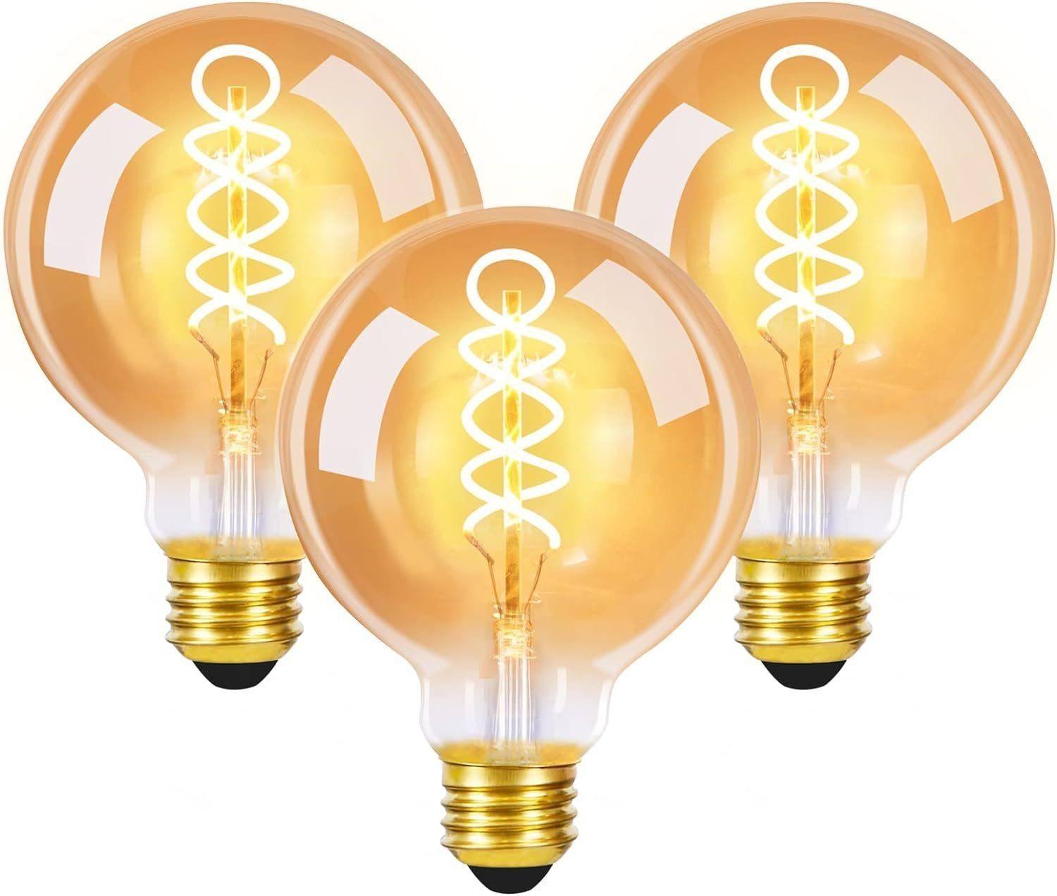 E27, Dekorative Birne St., 3 Globelampen LED-Leuchtmittel Filament Retro Edison 2200K-3500K, 4W, G80 Warmweiß Kugel Glühbirne Glühlampe, ZMH