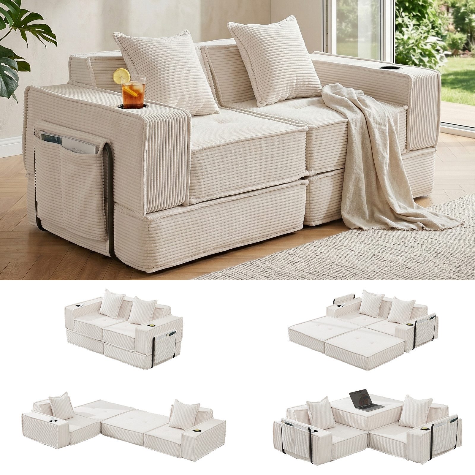 GLP Sofa Modulares Bodensofa 2-Sitzer, Set 5, faltbares Cord-Schlafsofa mit Liegefläche 162x156 cm