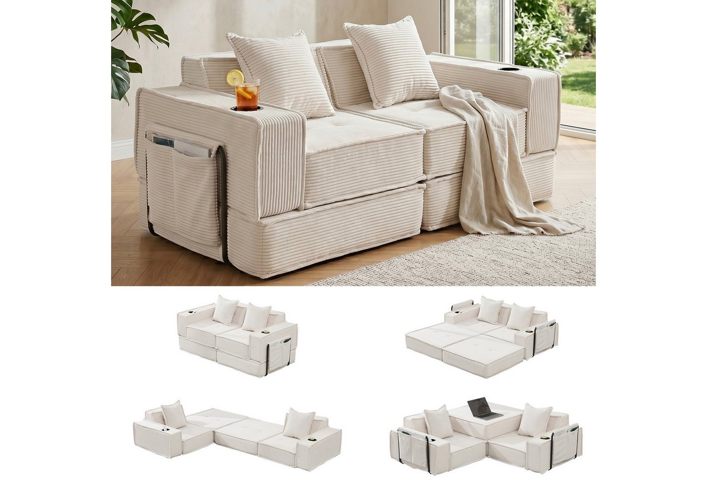 GLP Sofa Modulares Bodensofa 2-Sitzer, Set 5, faltbares Cord-Schlafsofa mit Liegefläche 162x156 cm