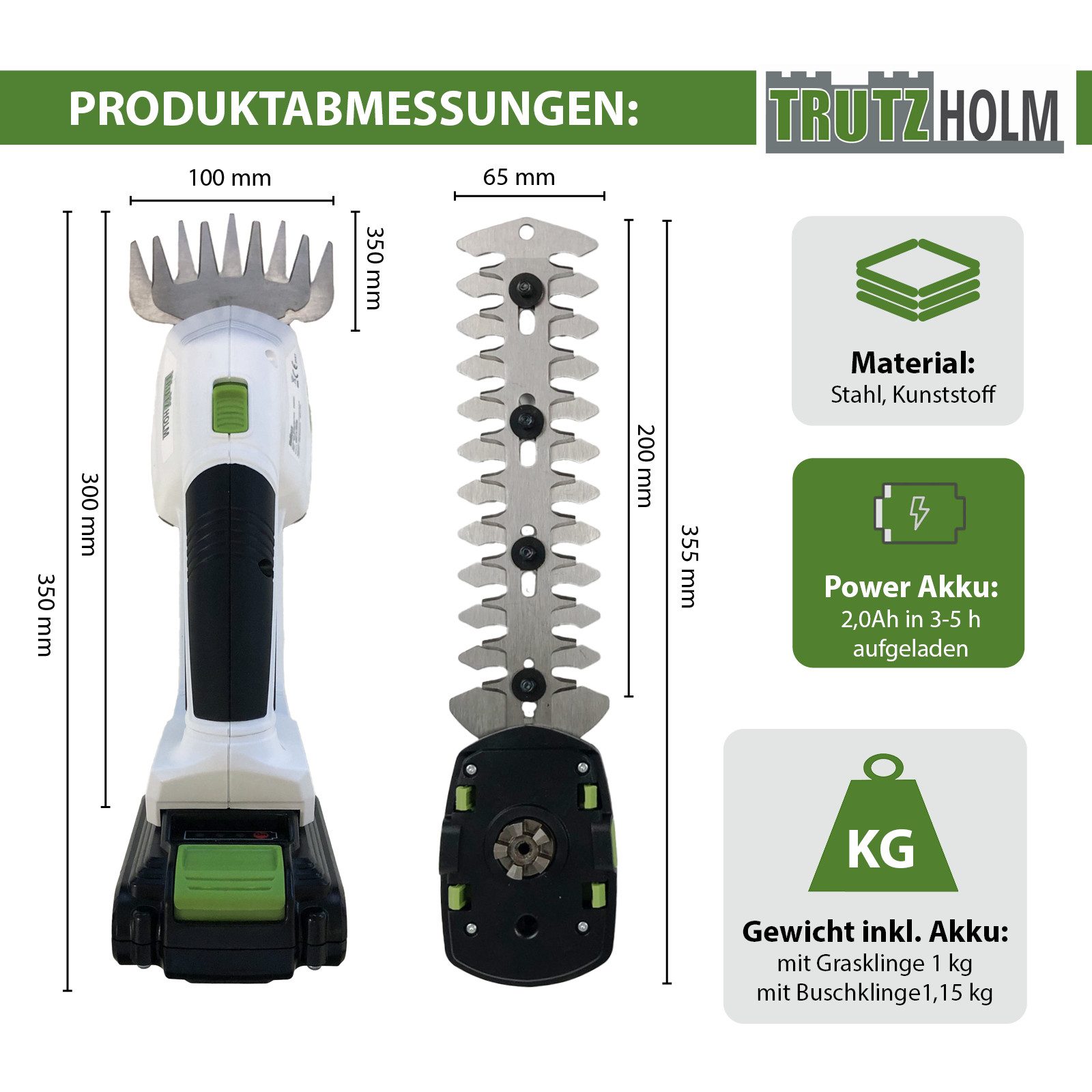 Thumbnail - TRUTZHOLM Akku-Gras- und Strauchscherenset 20 V 2-in-1 inkl. 2.0Ah Akku 10 cm Gras- und 20 cm Strauchklinge, bis 10 m Ar...
