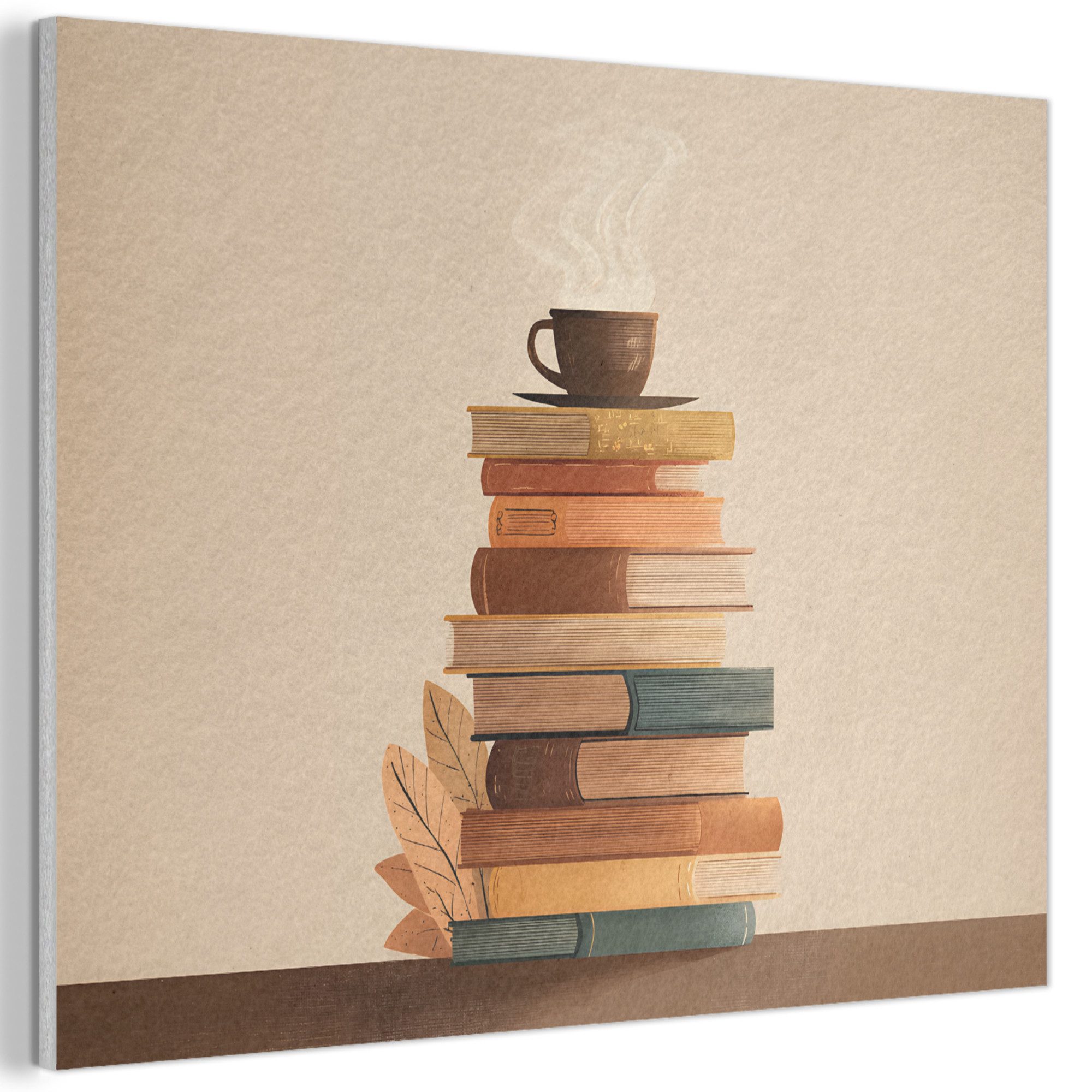 MuchoWow Gemälde Bücher - Turm - Kaffee - Beige, Fotodruck (1 St), Akustikpaneele PET-Filz, Akustikbild, Schalldämmung, Deko 40x30 cm