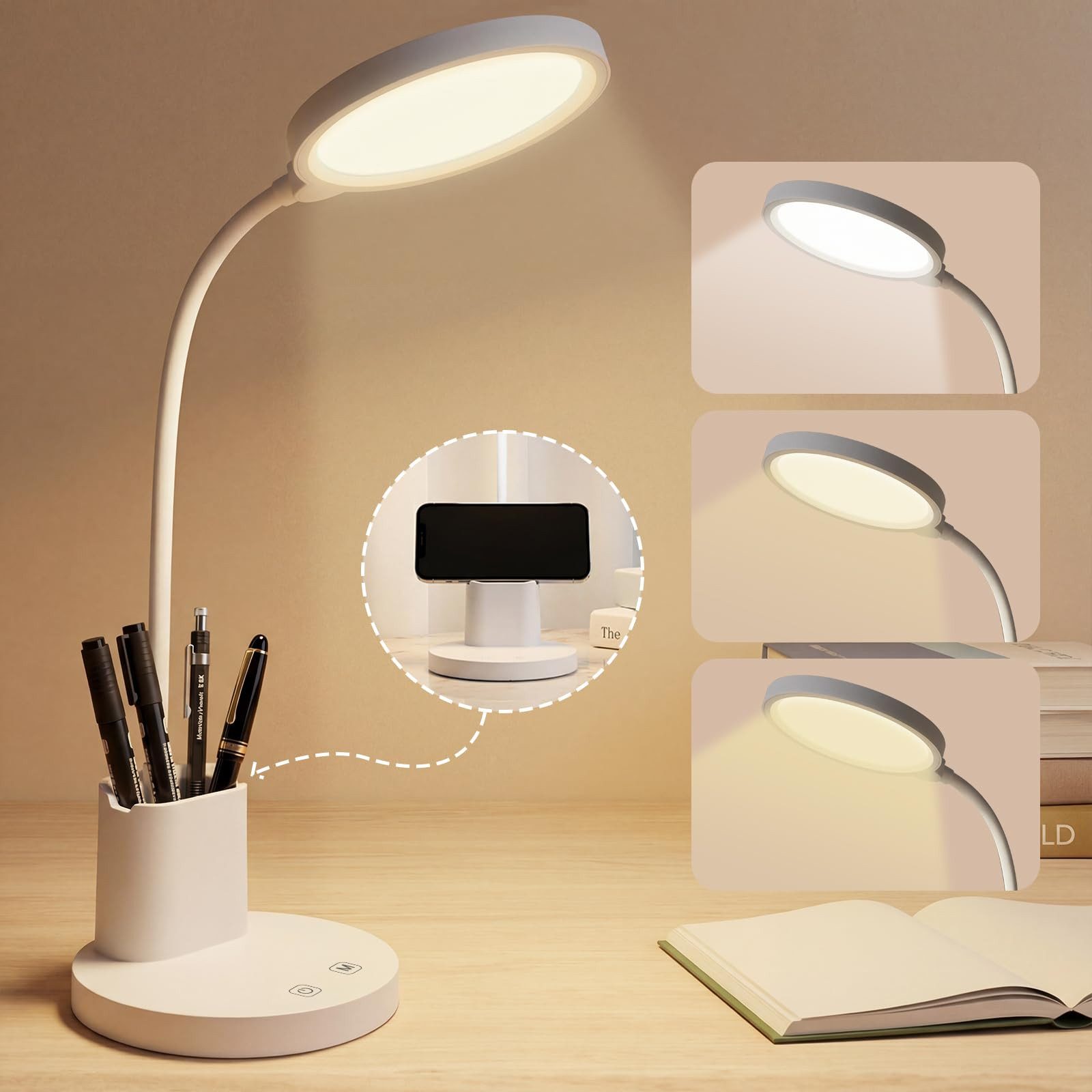 LQWELL LED Schreibtischlampe 4 in 1 LED Schreibtischlampe USB Aufladbar, LED fest integriert, 3 Helligkeitsstufen Nachtlicht, 360° Flexibel Stifthalter Tischlampe Studienlampe, mit Telefonhalter,für Heimbüro