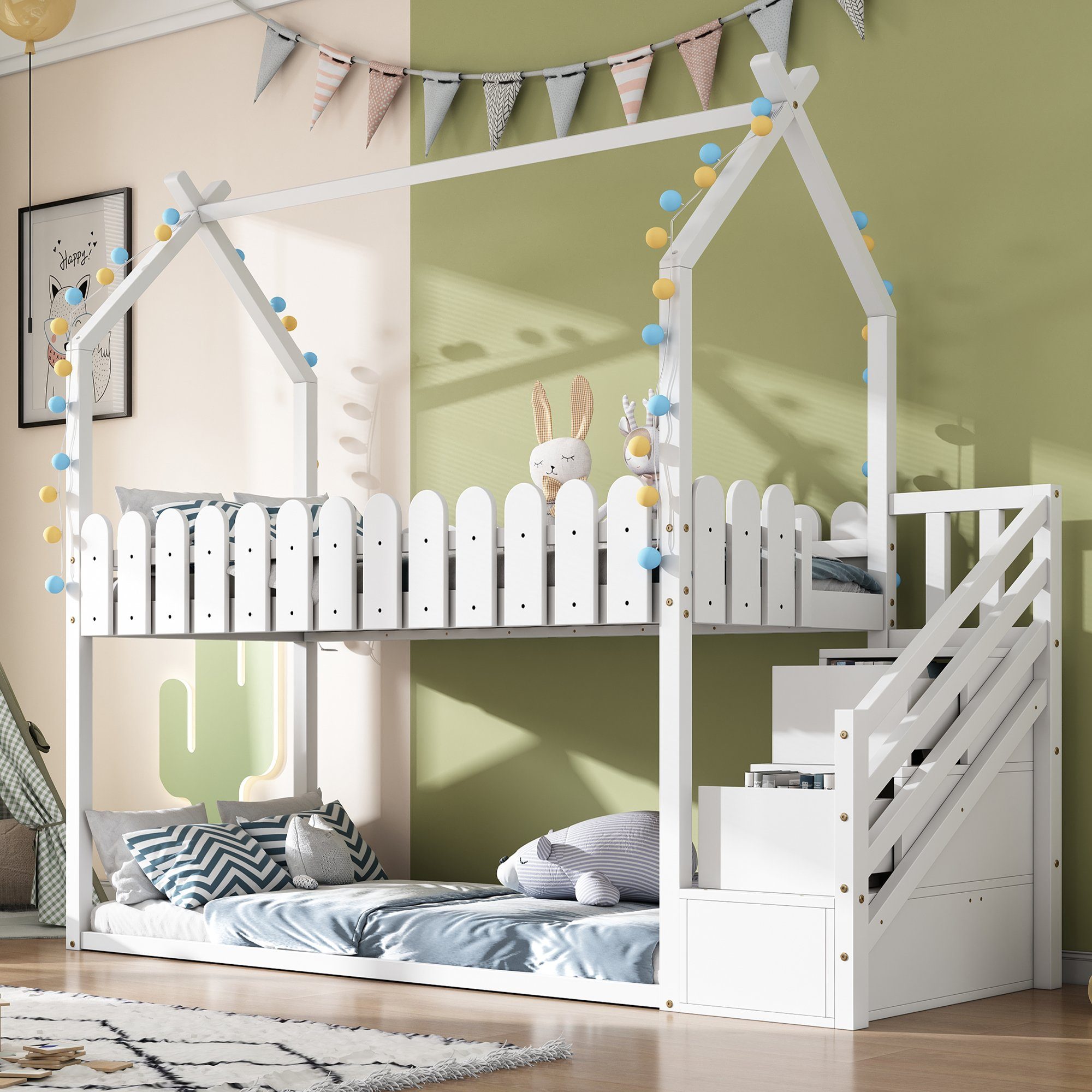SOFTWEARY Etagenbett mit 2 Schlafgelegenheiten, Lattenrost und Treppe (90x200 cm), Kiefer, Hausbett inkl. Rausfallschutz, Kinderbett weiß