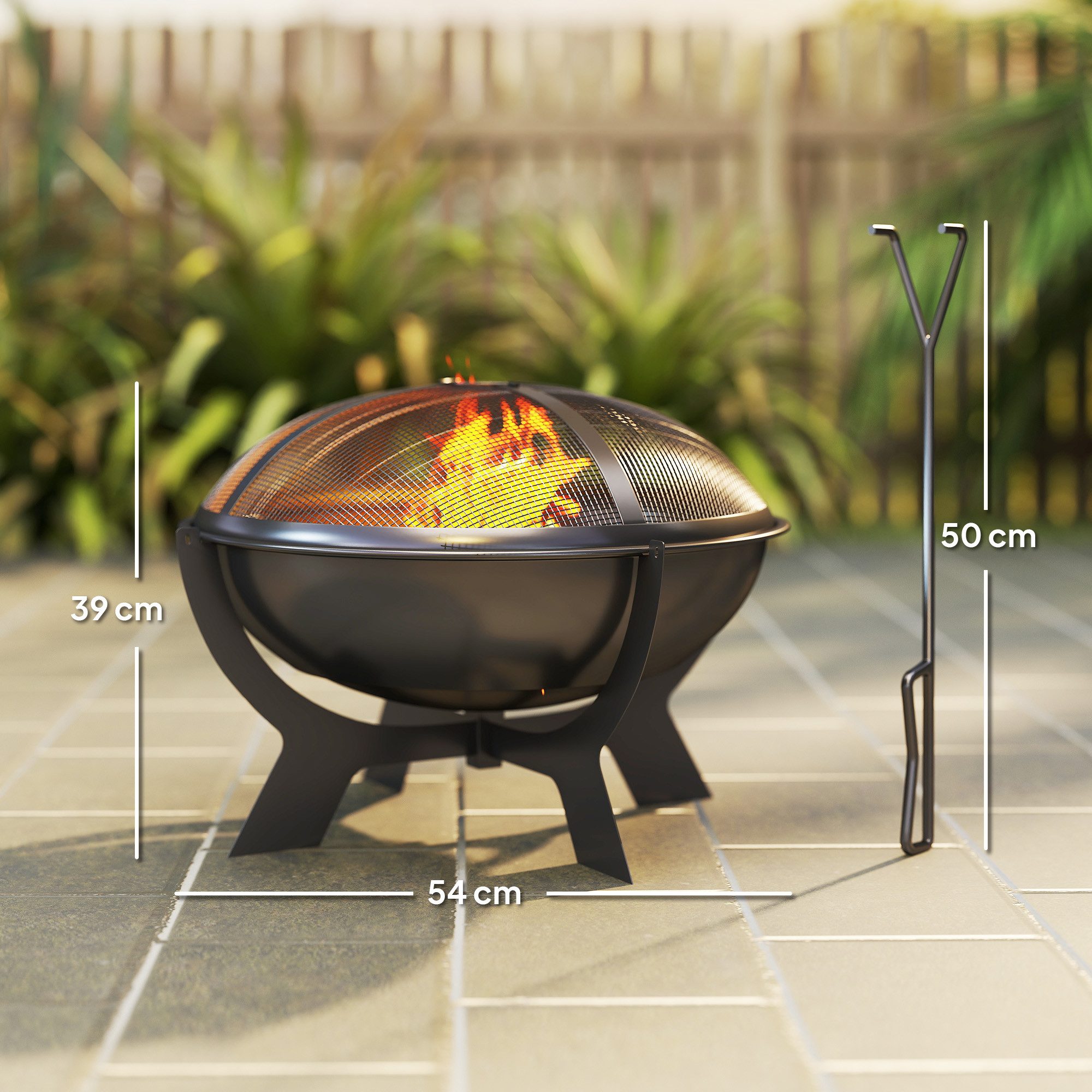 Outsunny Feuerschale Ø54 x 39 cm, mit Funkenschutz, Schürhaken, (Rund Feuerstelle, 1-St., Feuerschalen aus Metall), für Garten, Balkon Terrasse, Outdoor, Camping, Schwarz
