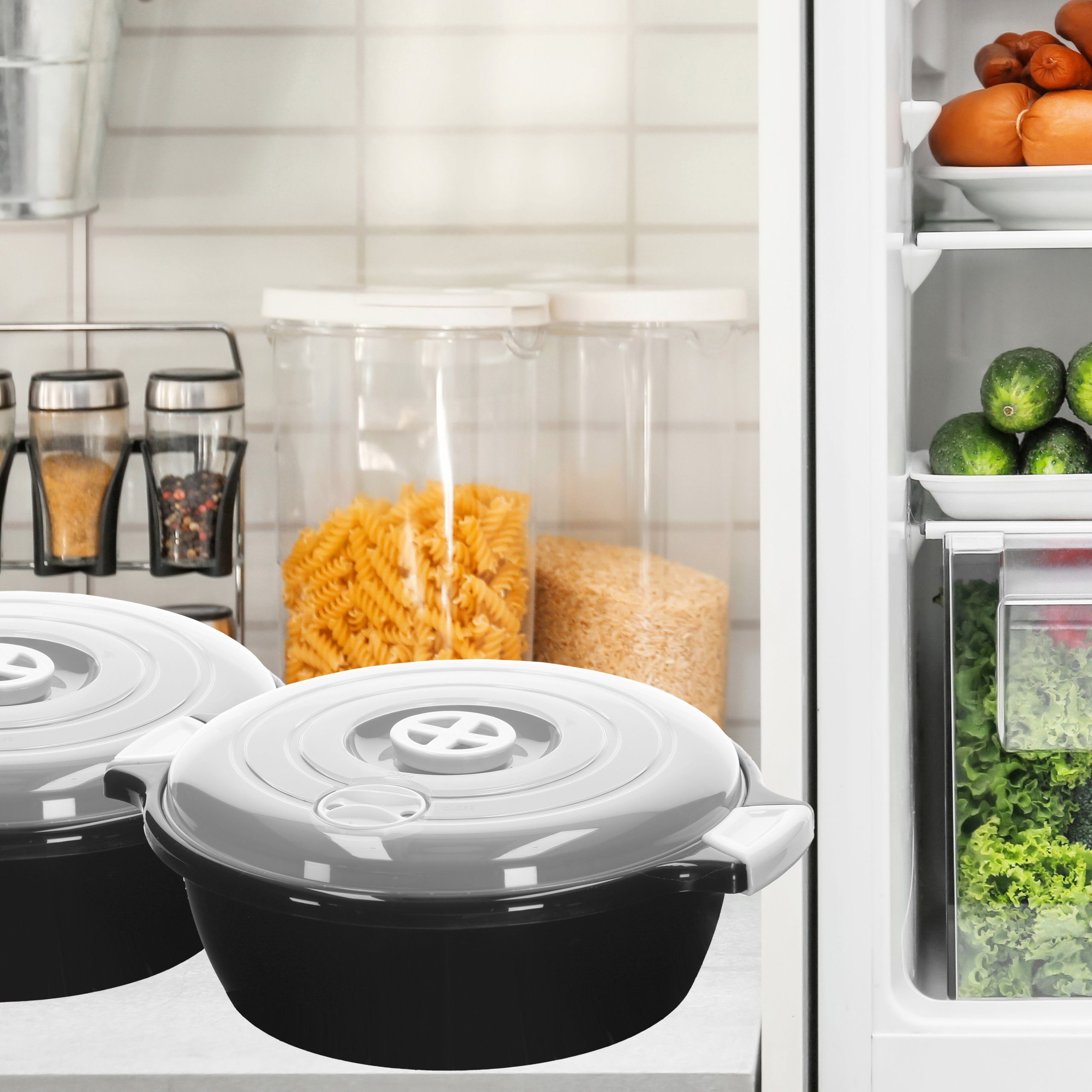 Lantelme Mikrowellenbehälter Mikrowellenschüssel Set rund Mikrowellen Picknick Schüssel, lebensmittelecht, (Spar-Set, 2-tlg., 2 Stück Set Mikrowellenschüssel Volumen 1,8 Liter Volumen), mit Deckel und Dampfventil, Deutsche Herstellung