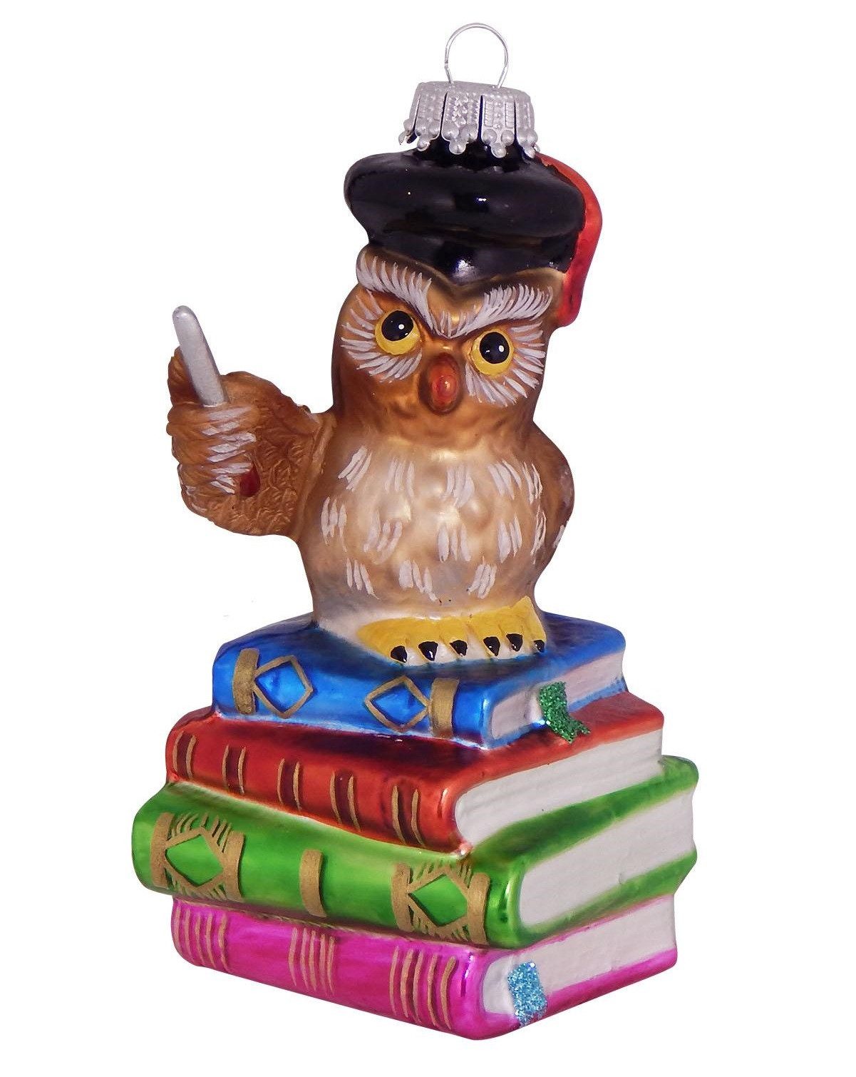 Krebs Glas Lauscha Christbaumschmuck Weihnachtsbaumschmuck - Eule als Lehrer auf Bücherstapel - ca. 10 cm, aus Glas - handbemalt und mundgeblasen - märchenhafte Dekoration