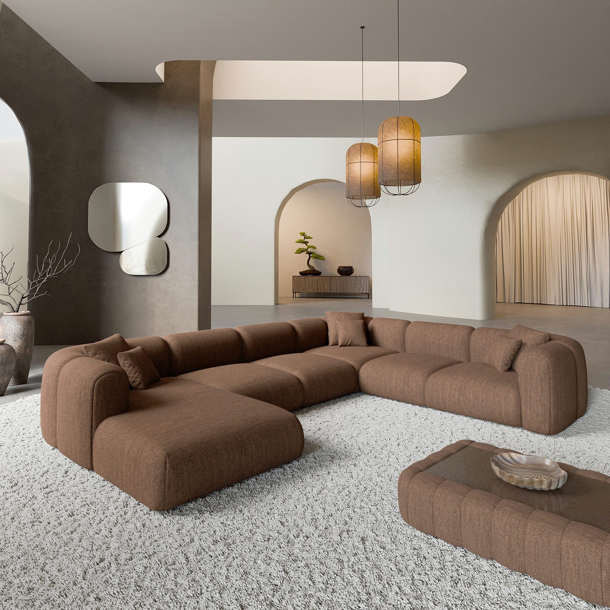 Sofa Dreams Wohnlandschaft Venturia XXL Lounge Design Couch, 6-Sitzer, Polsterbezug, Sofa Strukturstoff Bezug in Braun, Sofa U-form