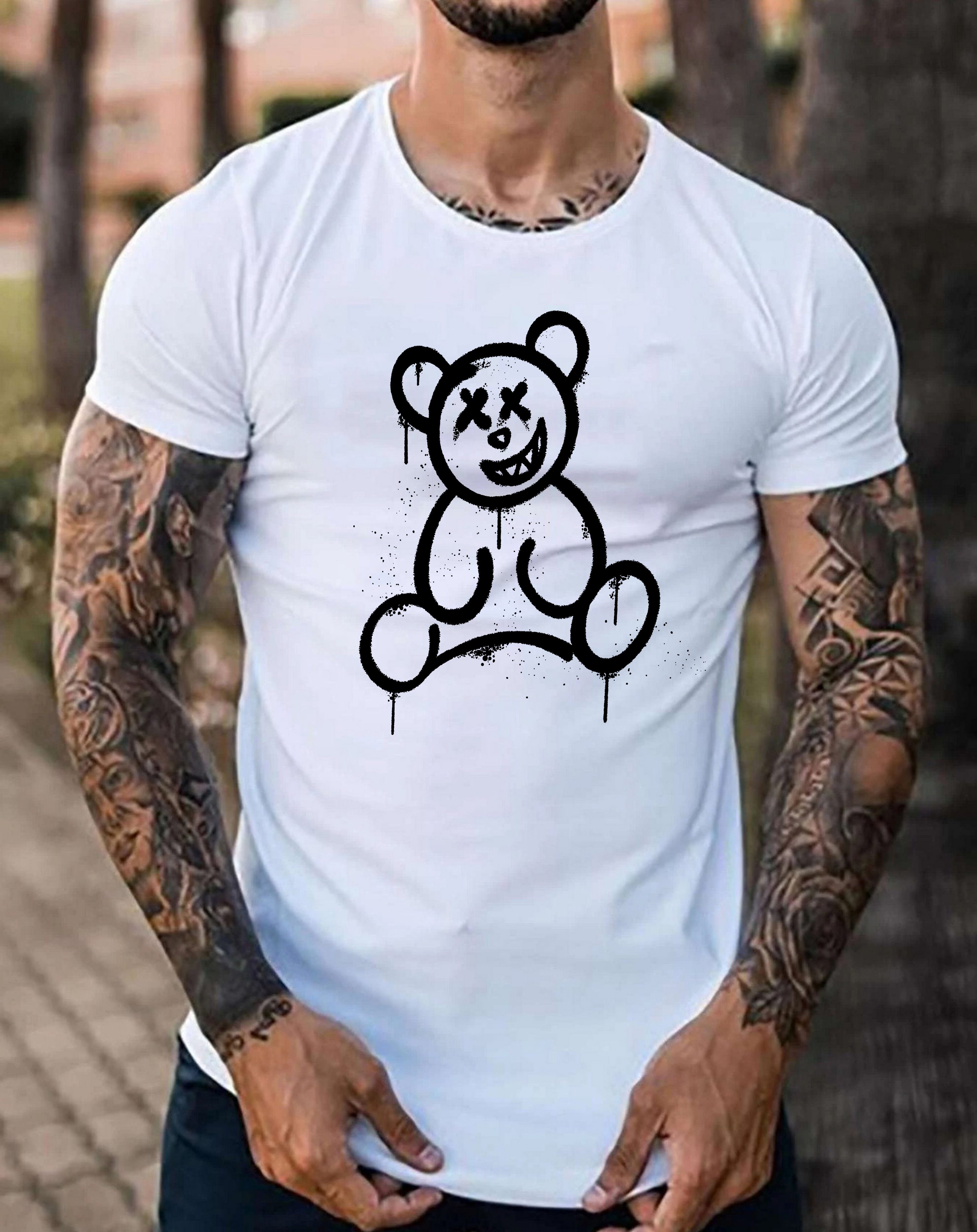 RMK T-Shirt Herren Shirt mit Bärendruck Bear Smiley in Unifarbe, aus Baumwolle, mit lizenziertem Print Weiß-Schwarz