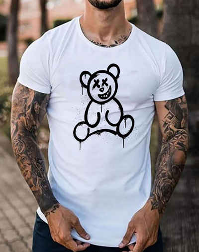 RMK T-Shirt Herren Shirt mit Bärendruck Bear Smiley in Unifarbe, aus Baumwolle, mit lizenziertem Print