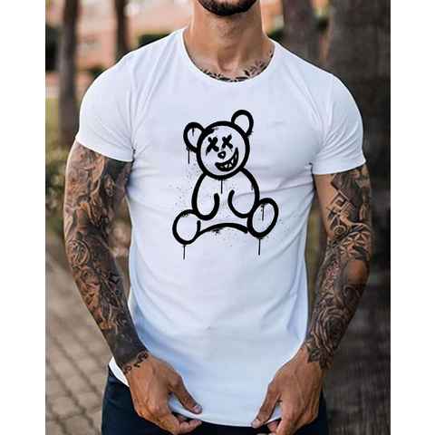 RMK T-Shirt Herren Shirt mit Bärendruck Bear Smiley in Unifarbe, aus Baumwolle, mit lizenziertem Print