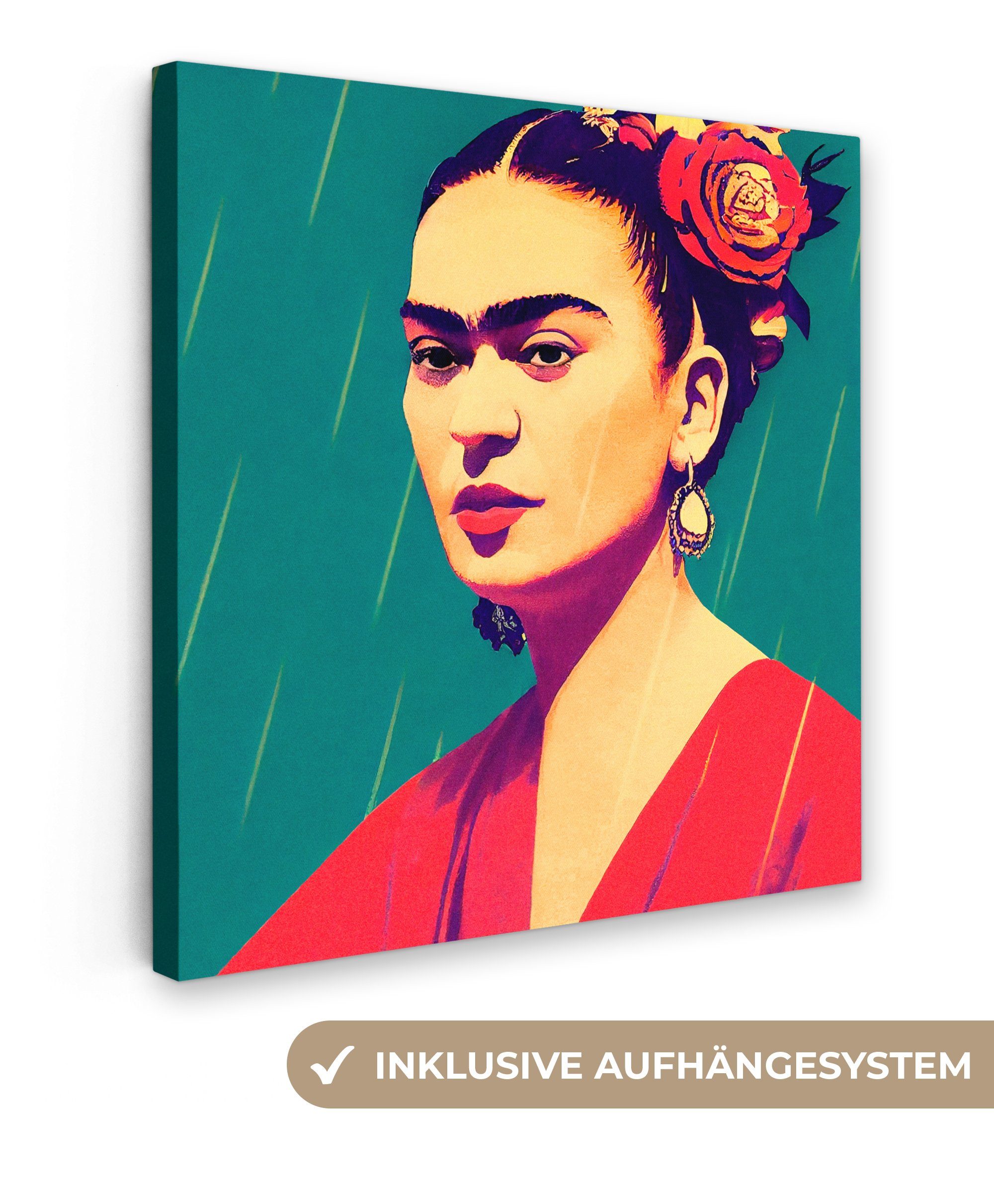 OneMillionCanvasses® Leinwandbild Porträt - Frida Kahlo - Frau - Vintage - Rot, (1 St), Leinwand Bilder für Wohnzimmer Schlafzimmer