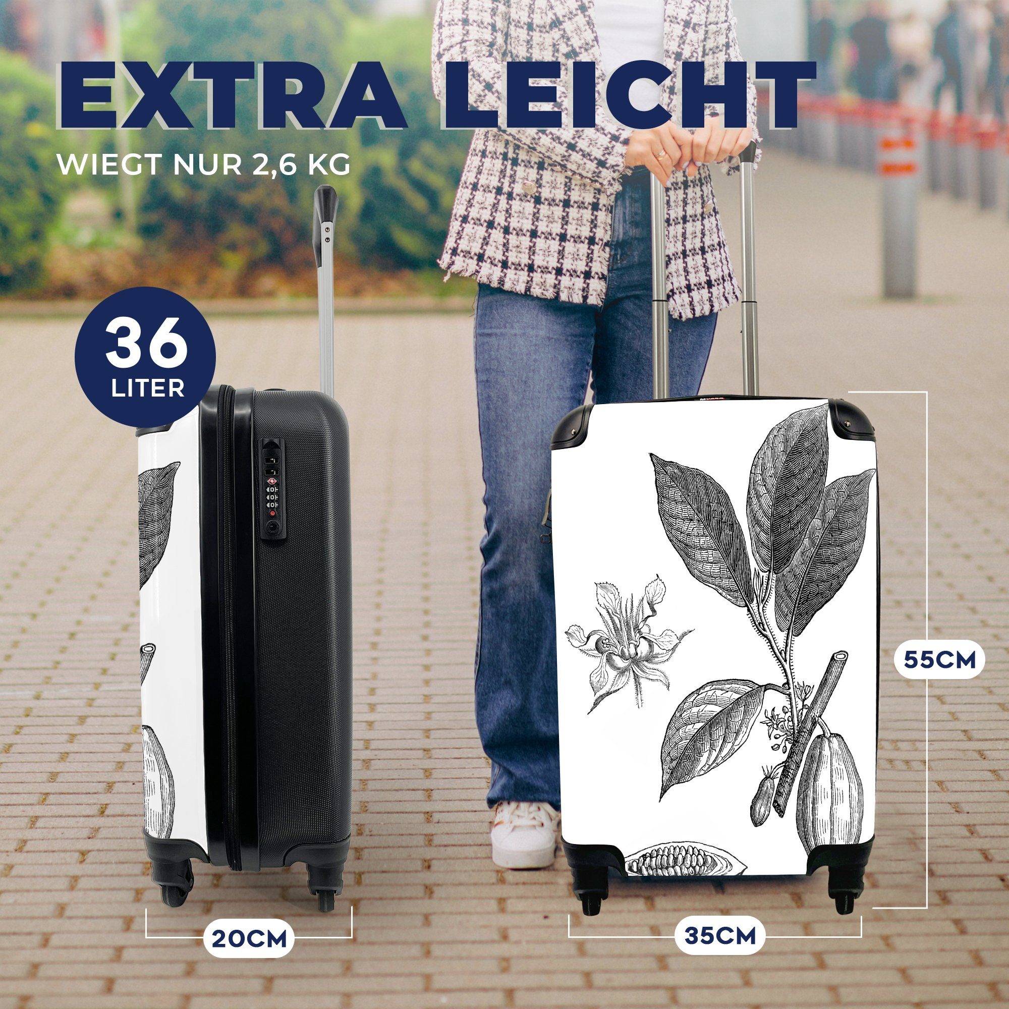 MuchoWow Handgepäckkoffer 4 Kakaopflanze, mit Reisetasche Trolley, einer für Schwarz-Weiß-Abbildung rollen, Handgepäck Ferien, Eine Reisekoffer Rollen