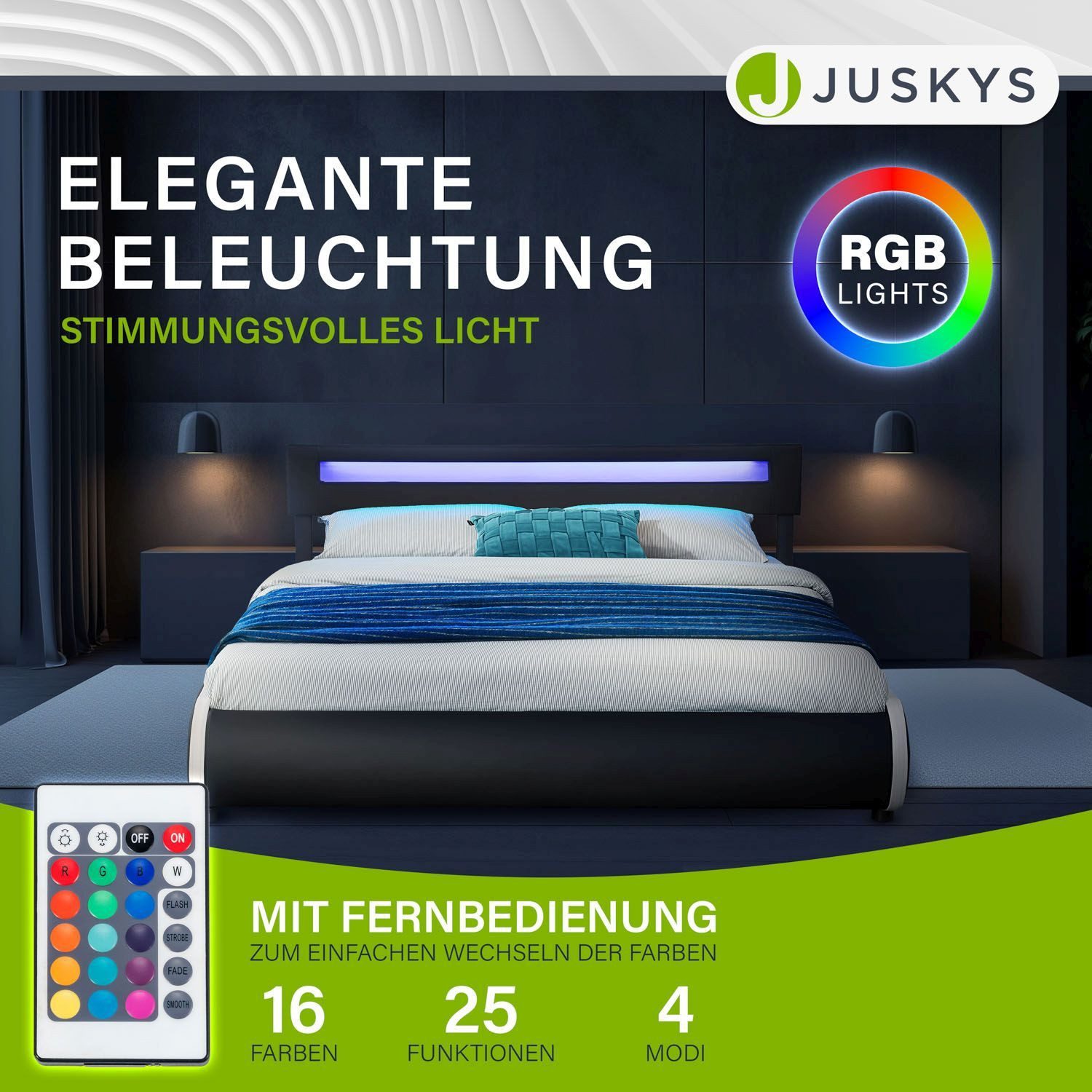 JUSKYS Polsterbett SEVILLA 180x200 cm, RGB-LED, Kunstleder - Einrichtungsbeispiel