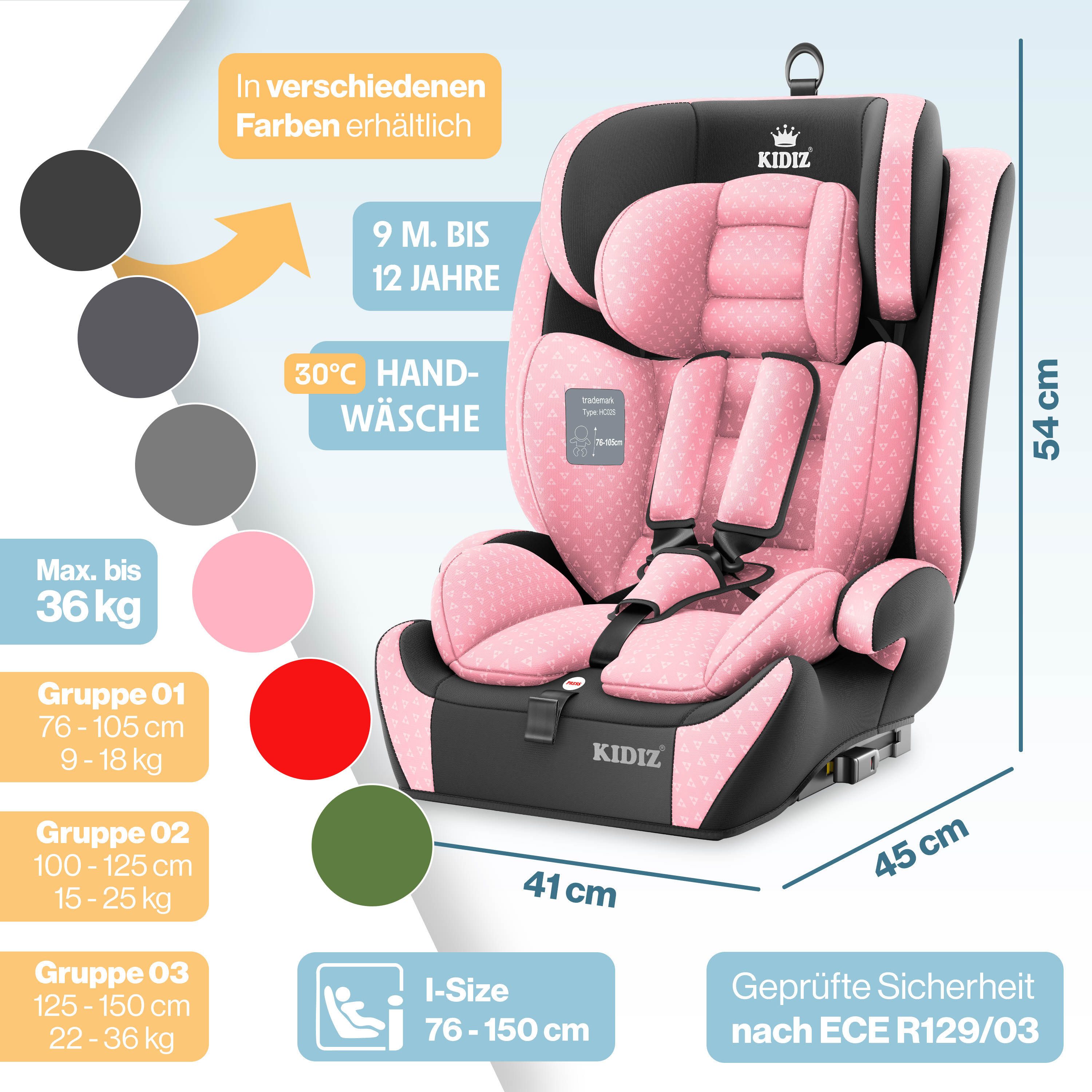 KIDIZ Autokindersitz, Kinderautositz Isofix 1-12 Jahre, Mitwachsend, Gruppe 1+2+3, 9-36 kg