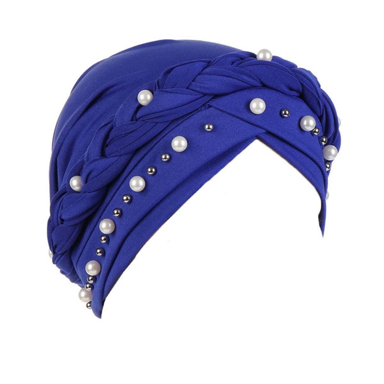 Turbanmütze Turban Damen Chemo Haarausfall Kopftuch Perle Mütze Königsblau