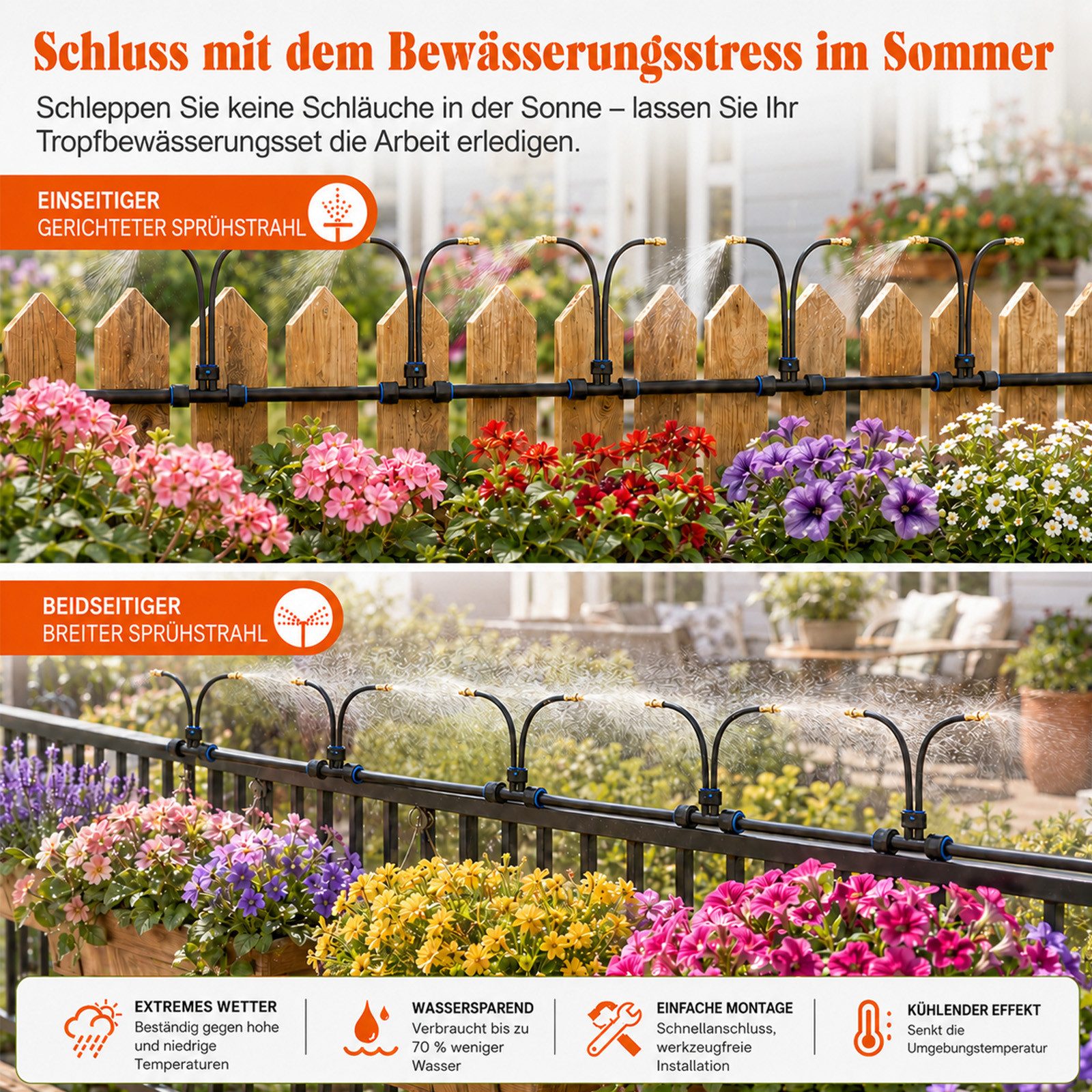 LMaxhome Bewässerungssystem Garten mit automatischer Tropfbewässerung, Mit 360° Kupfer-Sprühdüsen, (1-tlg), Doppelanschluss & 9,5 mm Schlauch für Gewächshaus, Rasen & Pflanzen