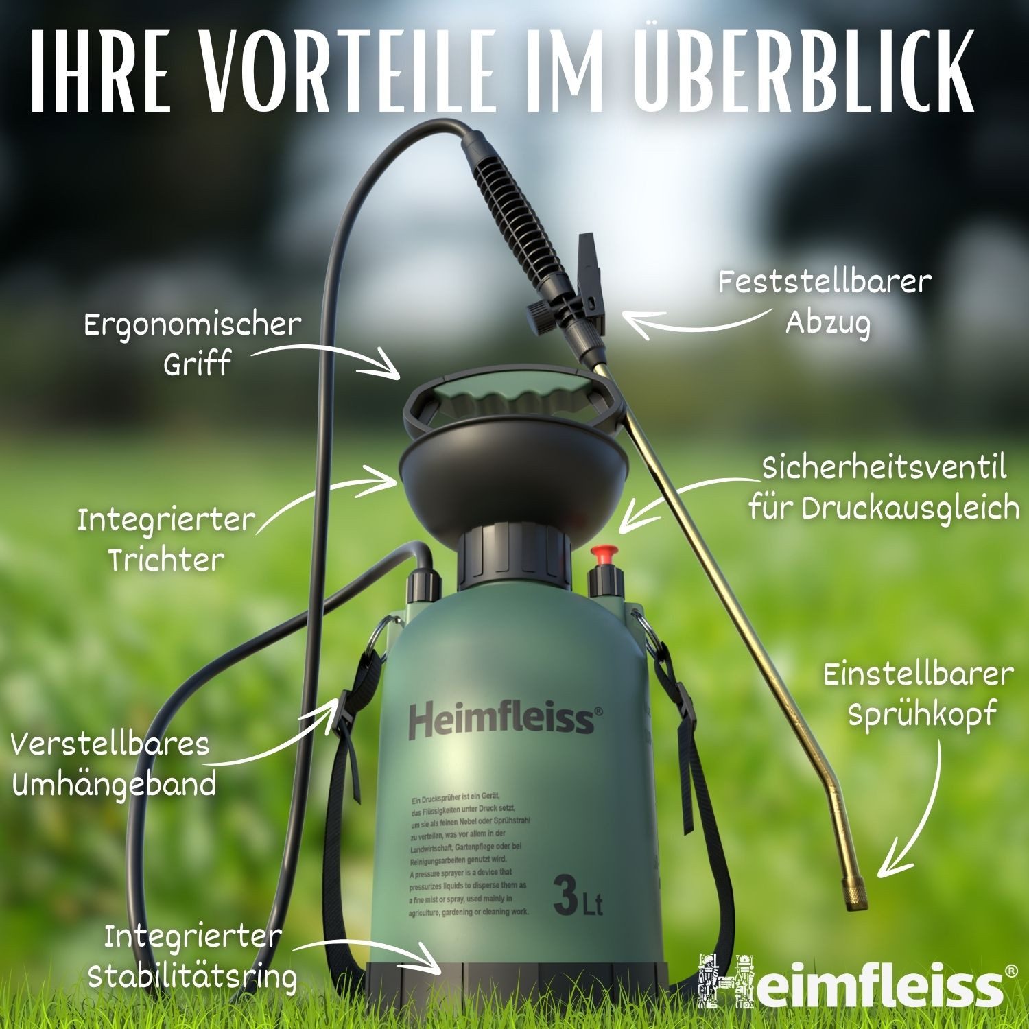 Heimfleiss® Gartenspritze Drucksprüher 3L / 5L – Gartenspritze mit Messinglanze, (3 Liter), Robuste Unkrautspritze mit verstellbarem Sprühstrahl & Schultergurt
