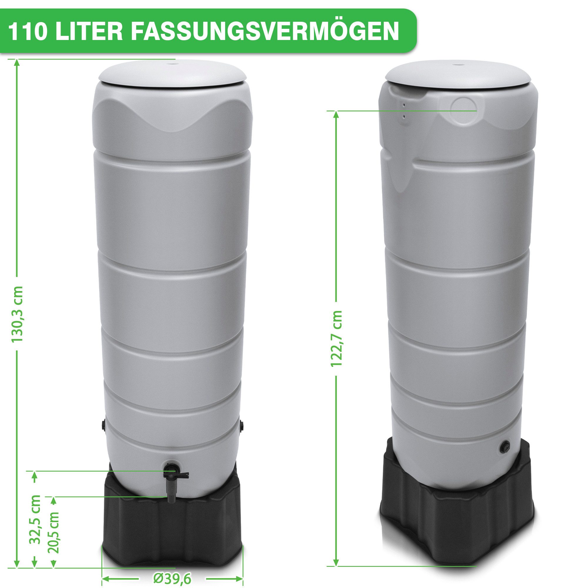 YourCasa Regentonne [CircleTower] 110L mit Standfuss, Deckel & Wasserhahn - Regenfass, Schmal, Inkl. Standfuss 39,6 x 130,3 cm, Wetterfest