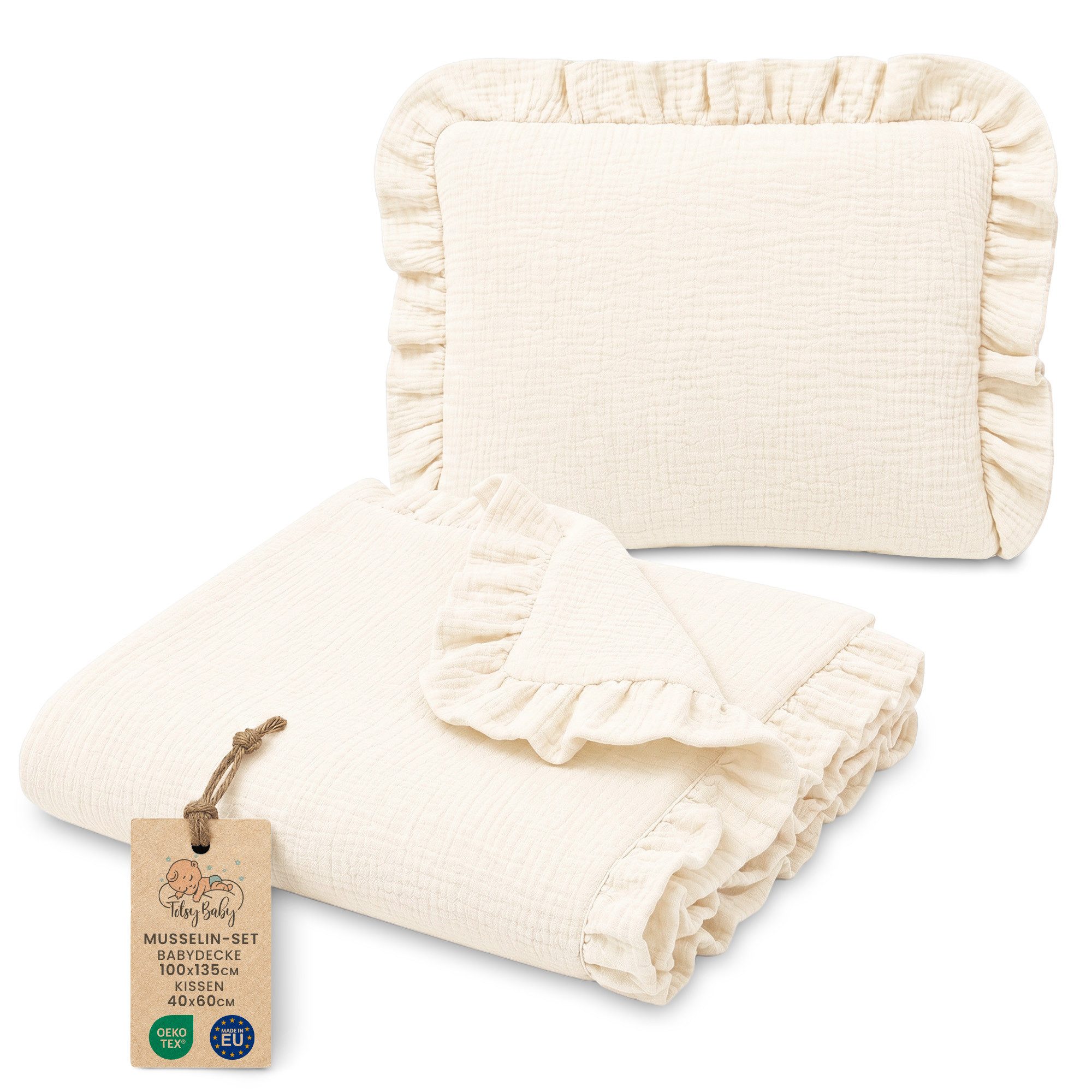 Babydecke Musselin Decke Baby Set 75x60 cm + Kissen 40x30 cm mit Rüschen, Totsy Baby