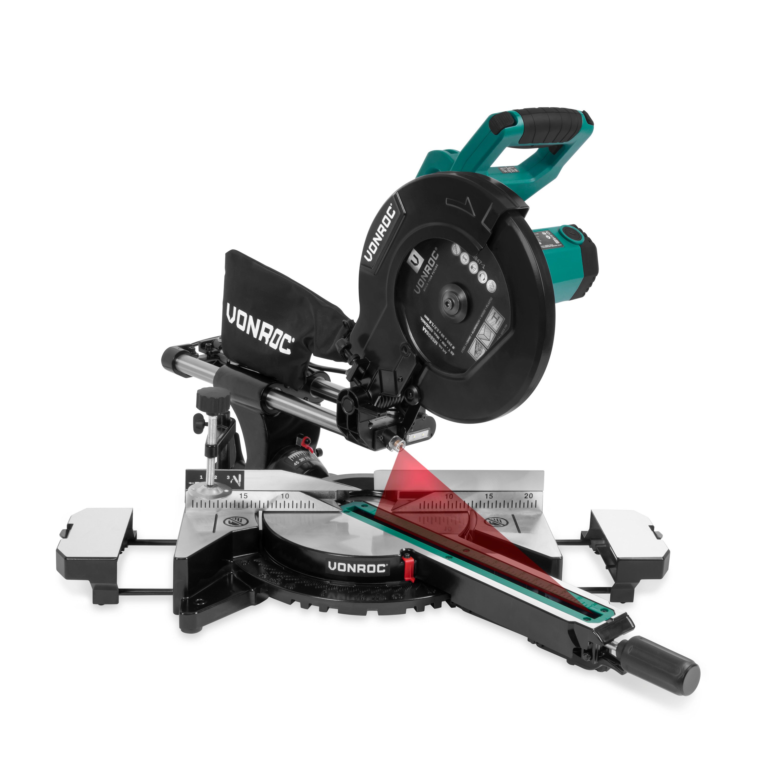 VONROC Gehrungssäge PRO – 2200W – Ø255mm – Verstellbare Drehzahl Schneidekapazität 340 mm, Verstellbare Tischverbreiterer – Zugfunktion – Neigbar - Laser