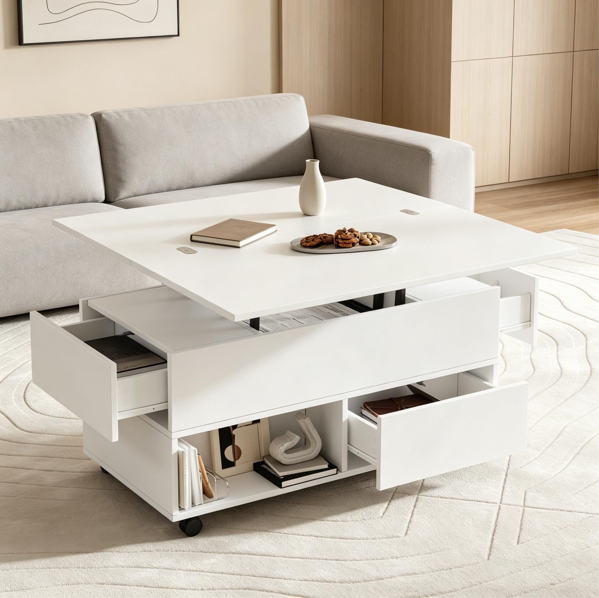 OKWISH Couchtisch Kompakter Funktionstisch mit Stauraum & Rollen (Packung, 1-St., Weiß, 100×50×52 cm, für Wohnzimmer & Esszimmer), 4 Schubladen, höhenverstellbar, 50 kg Tragkraft