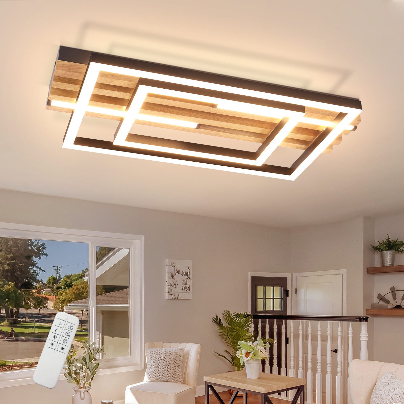 Nettlife LED Deckenleuchte Dimmbar Holz 2/3/4 Ringe Modern Deckenlampe Wohnzimmer, LED fest integriert, 34W 38*20.9*6.8CM für Schlafzimmer Büro Küche