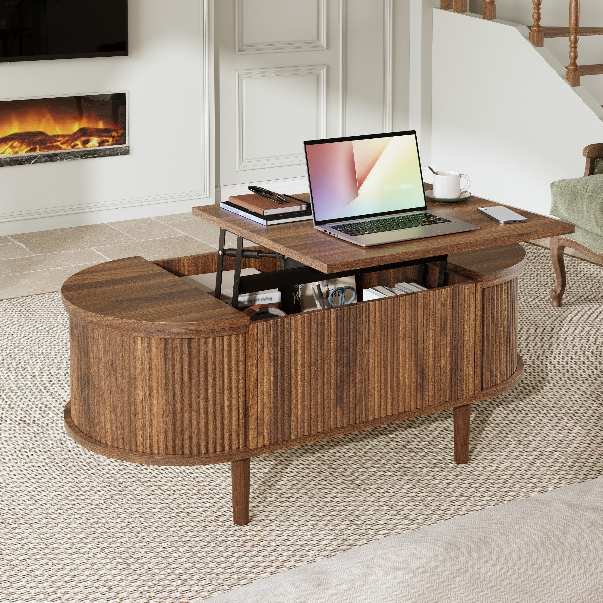 STILVORA Couchtisch Höhenverstellbarer Wohnzimmertisch mit Stauraum, Vintage-Stil (Vintage Stil, Holzbeine, mit Stauraum, Klappdeckel, MDF, Massivholz, multifun – Bild 5 von 5