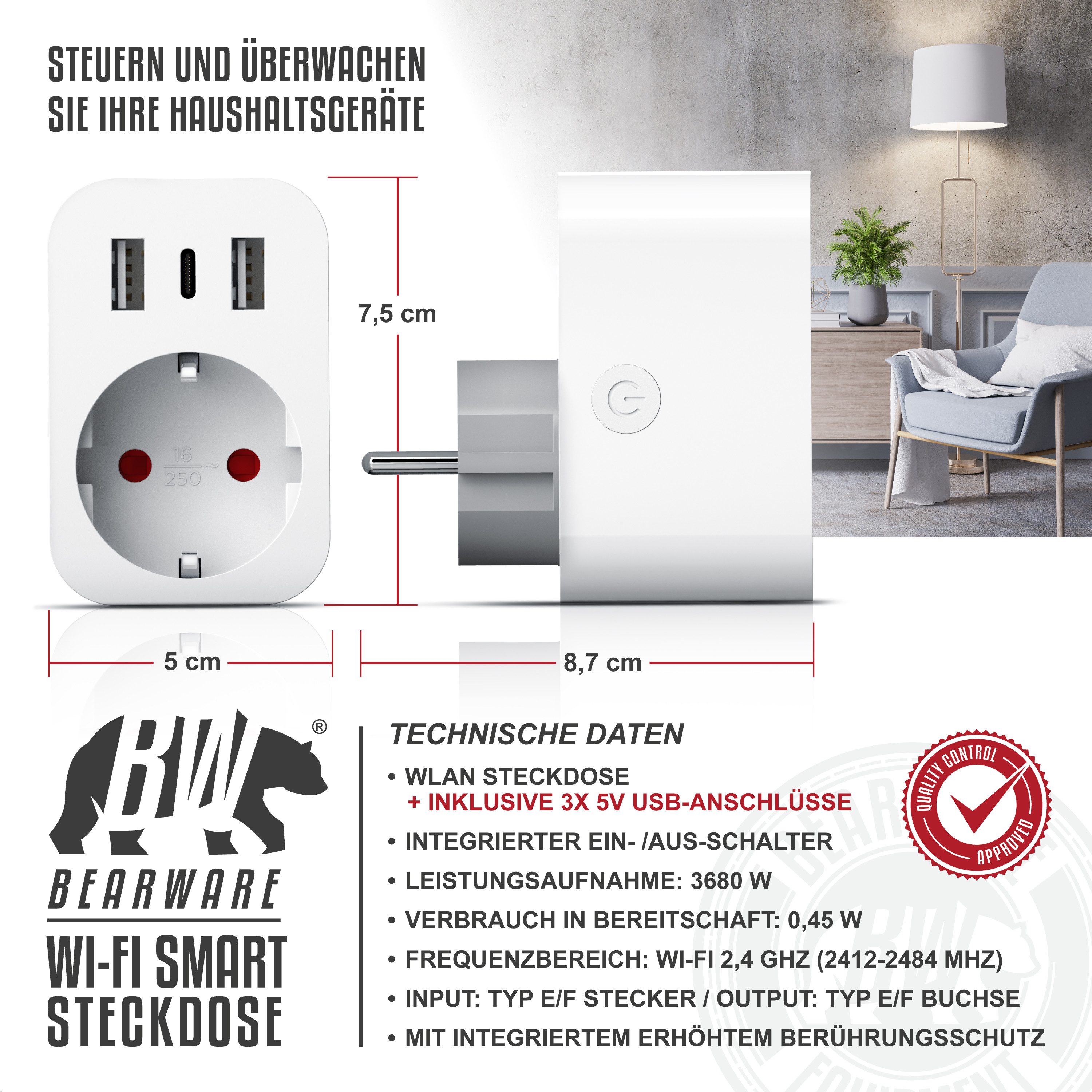 BEARWARE WLAN-Steckdose mit USB, 2,4Ghz WiFi Fernsteuerung per Smart life App, Sprachsteuerung, 1-St., Zeitschaltuhr, Energiekostenmessgerät, USB-Ladegerät, Countdown Timer
