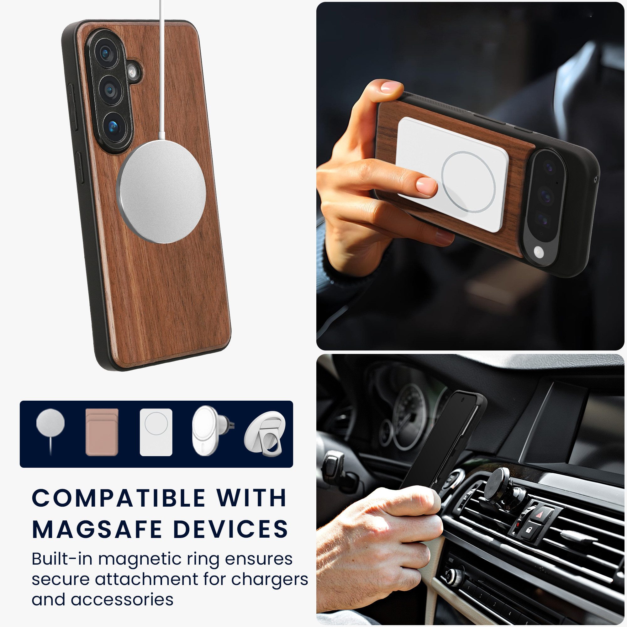 kwmobile Smartphone-Hülle Echtholz Schutzhülle für Samsung Galaxy S26 Hülle, Cover aus Holz und TPU - Kompatibel mit MagSafe - Holz – Bild 4 von 5