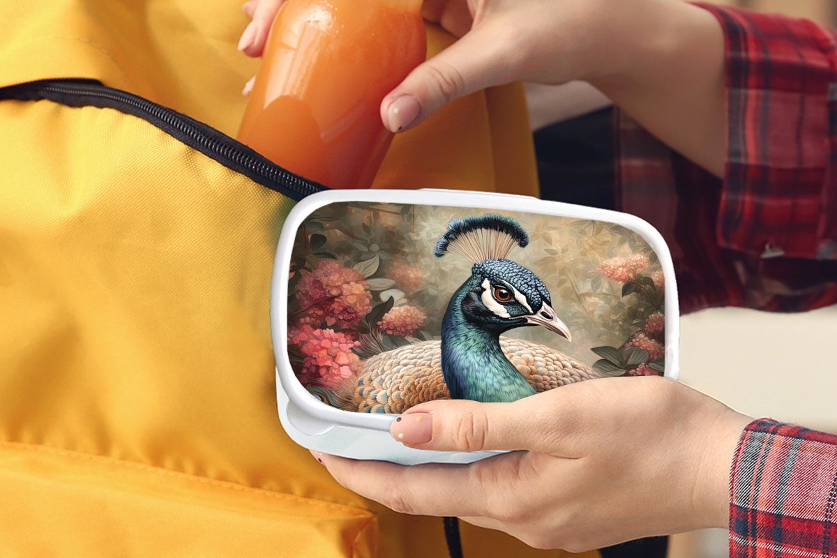 MuchoWow Lunchbox Pfau - Vogel (2-tlg), Jungs - für - und Erwachsene, Pfauenfedern, für und Pflanzen Kunststoff, Brotdose, weiß Kinder Mädchen Brotbox