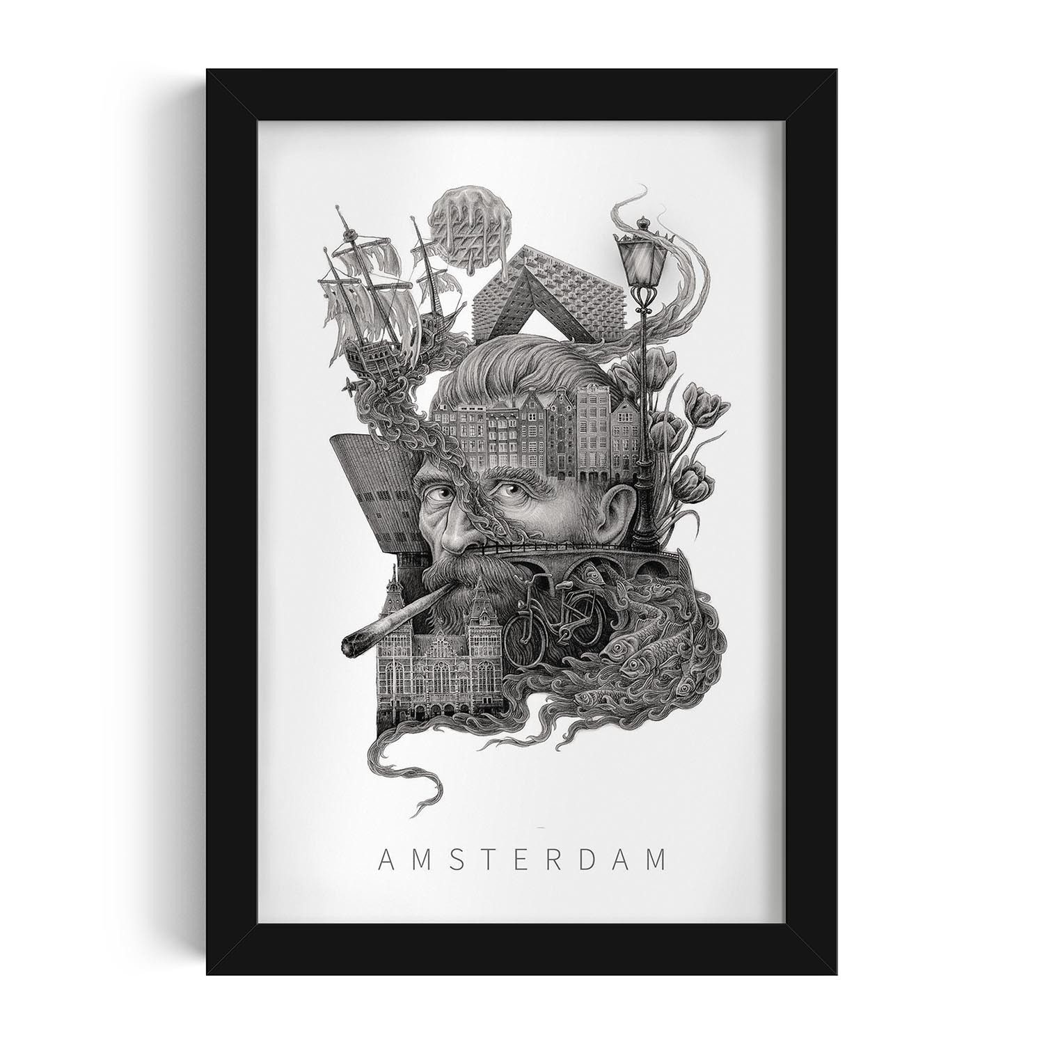 Tulup Bild mit Rahmen Amsterdam Schwarz-Weiß Illustration im Rahmen, Kunstdruck mit Rahmen