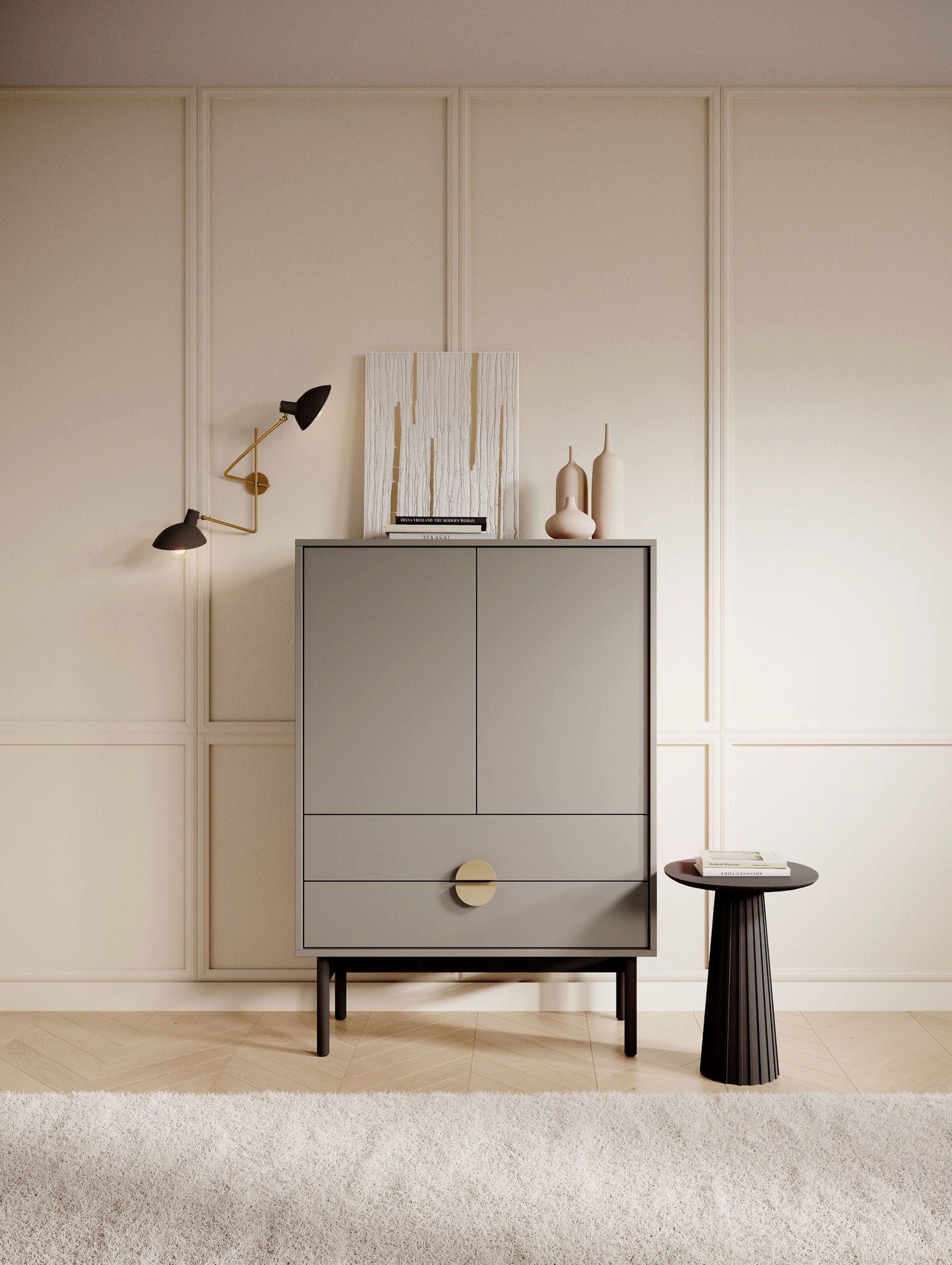 Selsey Sideboard STOON II, Gemütliches Cappuccino-Beige, zwei Türen und zwei Schubladen.