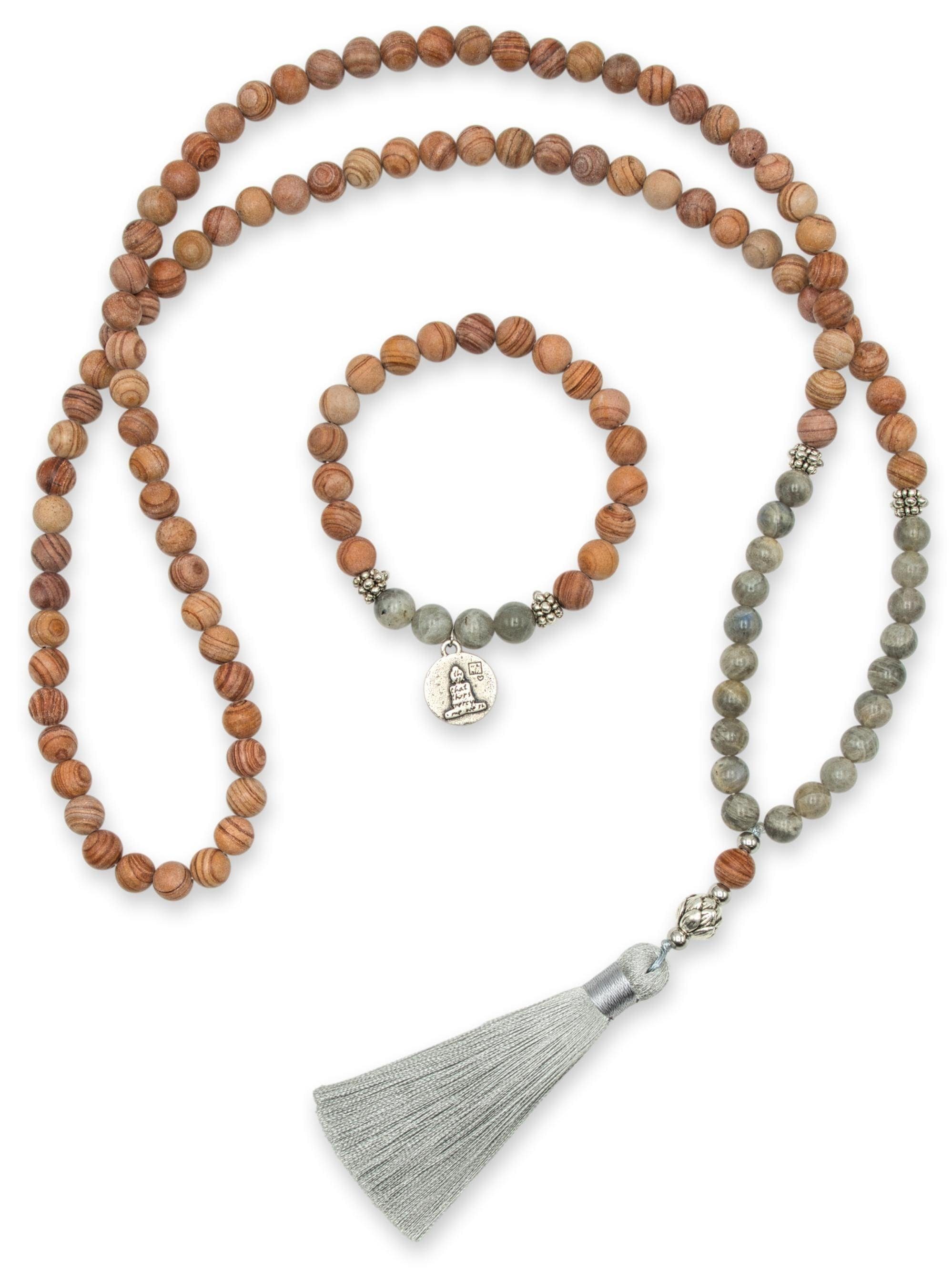 Damen Schmuck BENAVA Perlenkette Mala Kette 108 Perlen - Labradorit Set mit Armband, Handgemacht