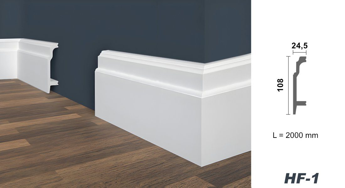 marbet design Sockelleiste, weiß HDPS Kunststoff - 2 Meter Fußleisten Profil Fußbodenleisten Abschlussleisten Boden Leisten Kabelkanal (HF-1 108x24 mm, Musterstück)