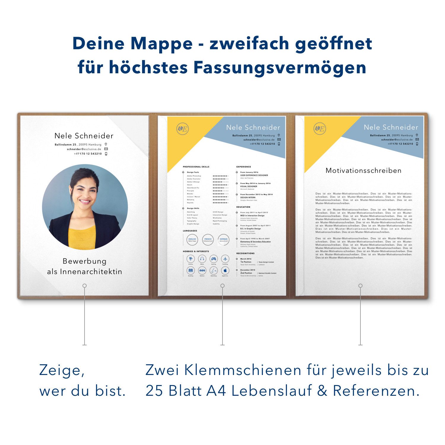STRATAG Bewerbungsmappe Esclusiva® Exzellent-plus Metallic - 5 Stück 4-tlg mit 2 Klemmschienen (Set, 5-St., Premium-Qualität mit hochwertiger Prägung Bewerbung), direkt vom Hersteller STRATAG - handgefertigt in Deutschland