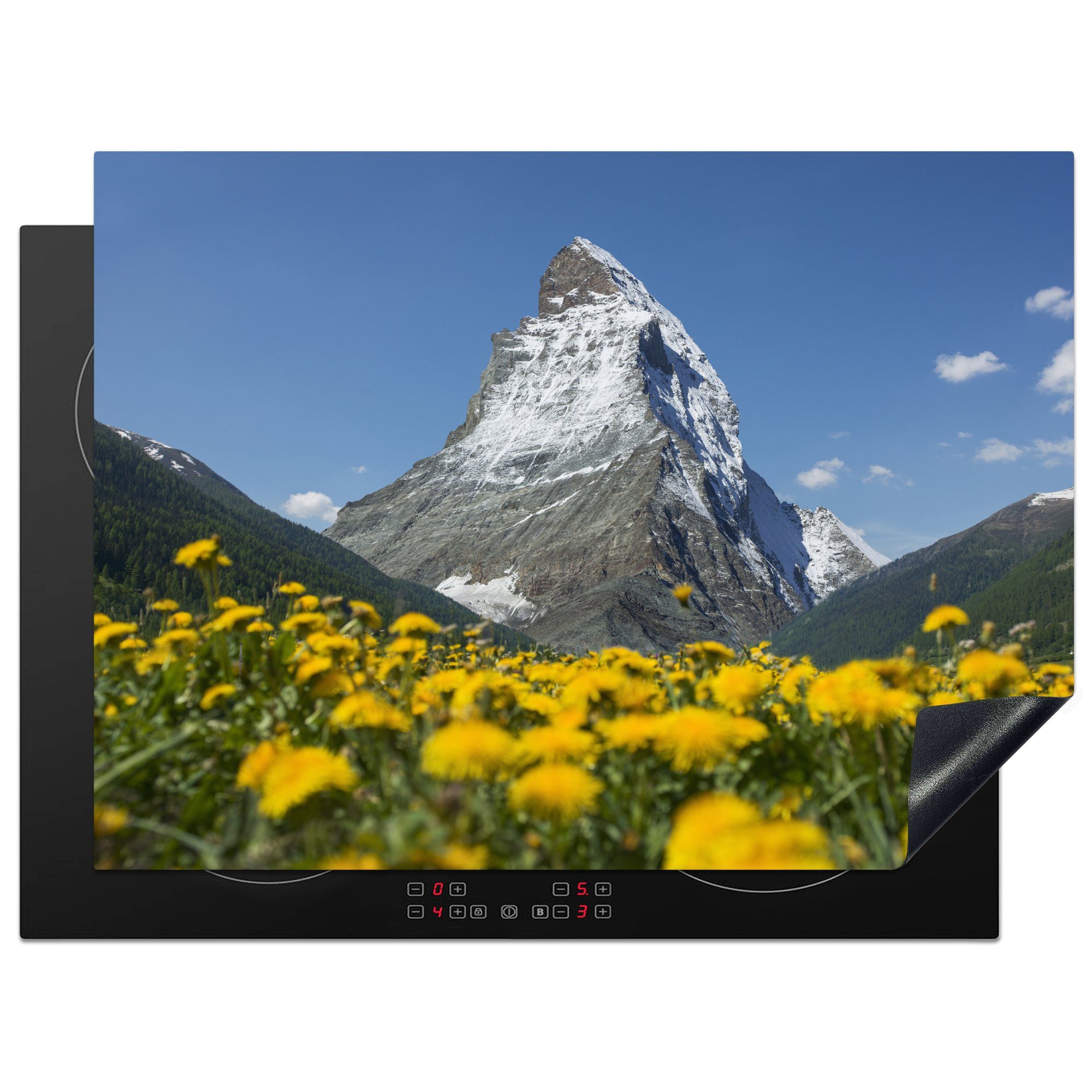 Löwenzahnwiese, Mobile Schweiz tlg), 70x52 nutzbar, (1 Herdblende-/Abdeckplatte Das cm, über Matterhorn MuchoWow der Vinyl, in Ceranfeldabdeckung Arbeitsfläche einer