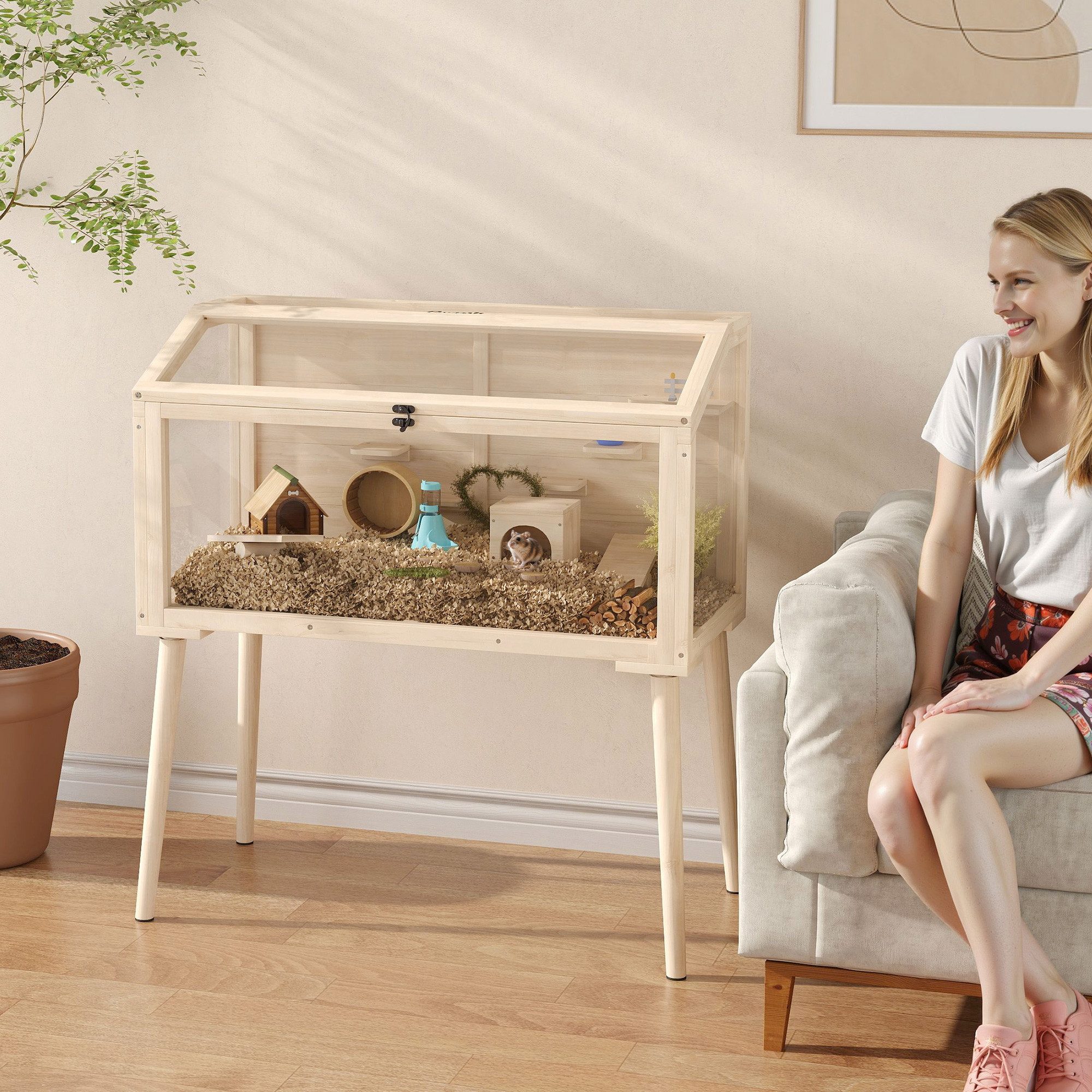 PawHut Kleintierkäfig Hamsterkäfig Holz Kükenaufzuchtbox mit Wippe Wasserflasche, für Hamster, Zwerghamster, 110x52x101 cm, Naturholz