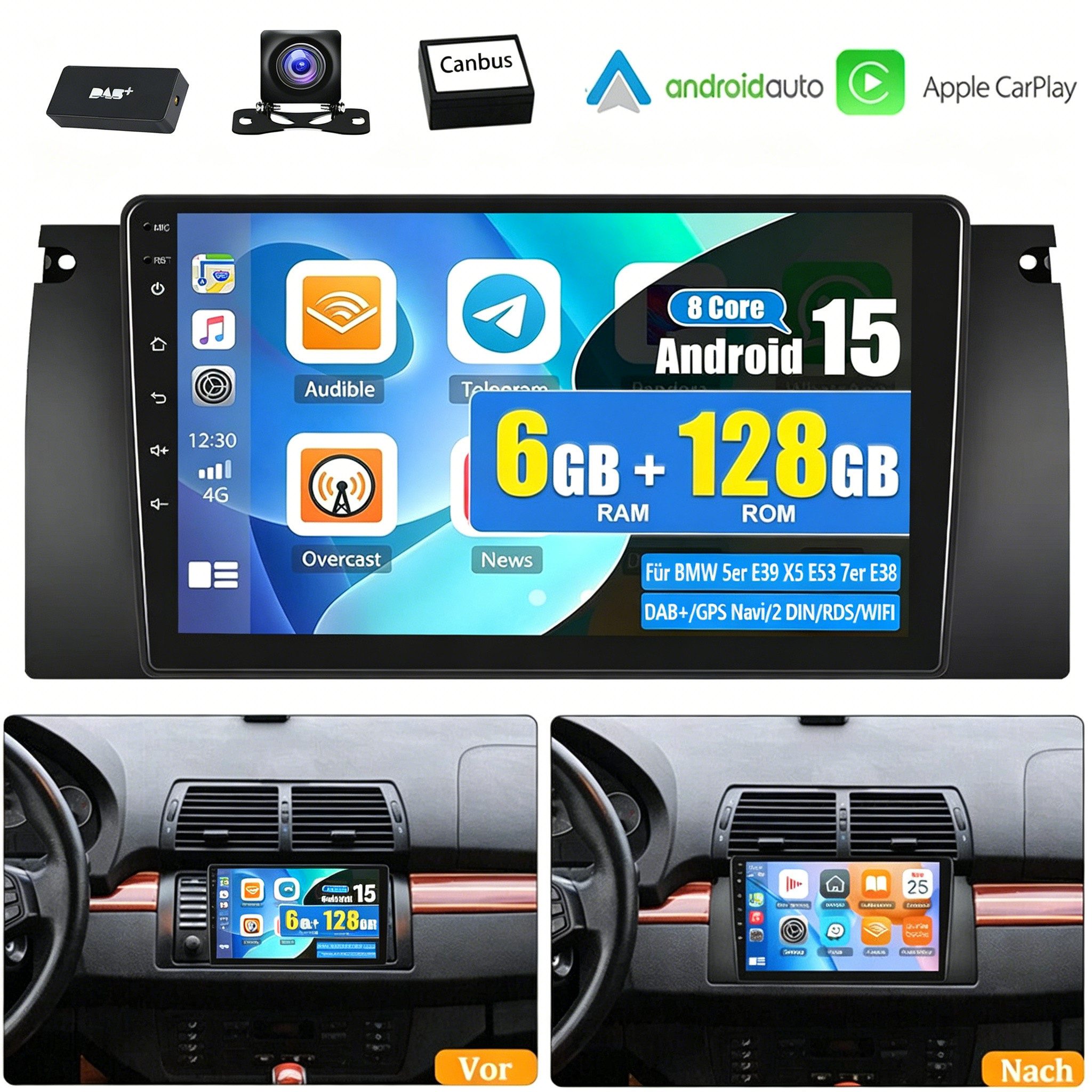 6+128G DAB+ Für BMW 5er E39 X5 E53 7er E38 Android 15 Carplay GPS Navi Autoradio