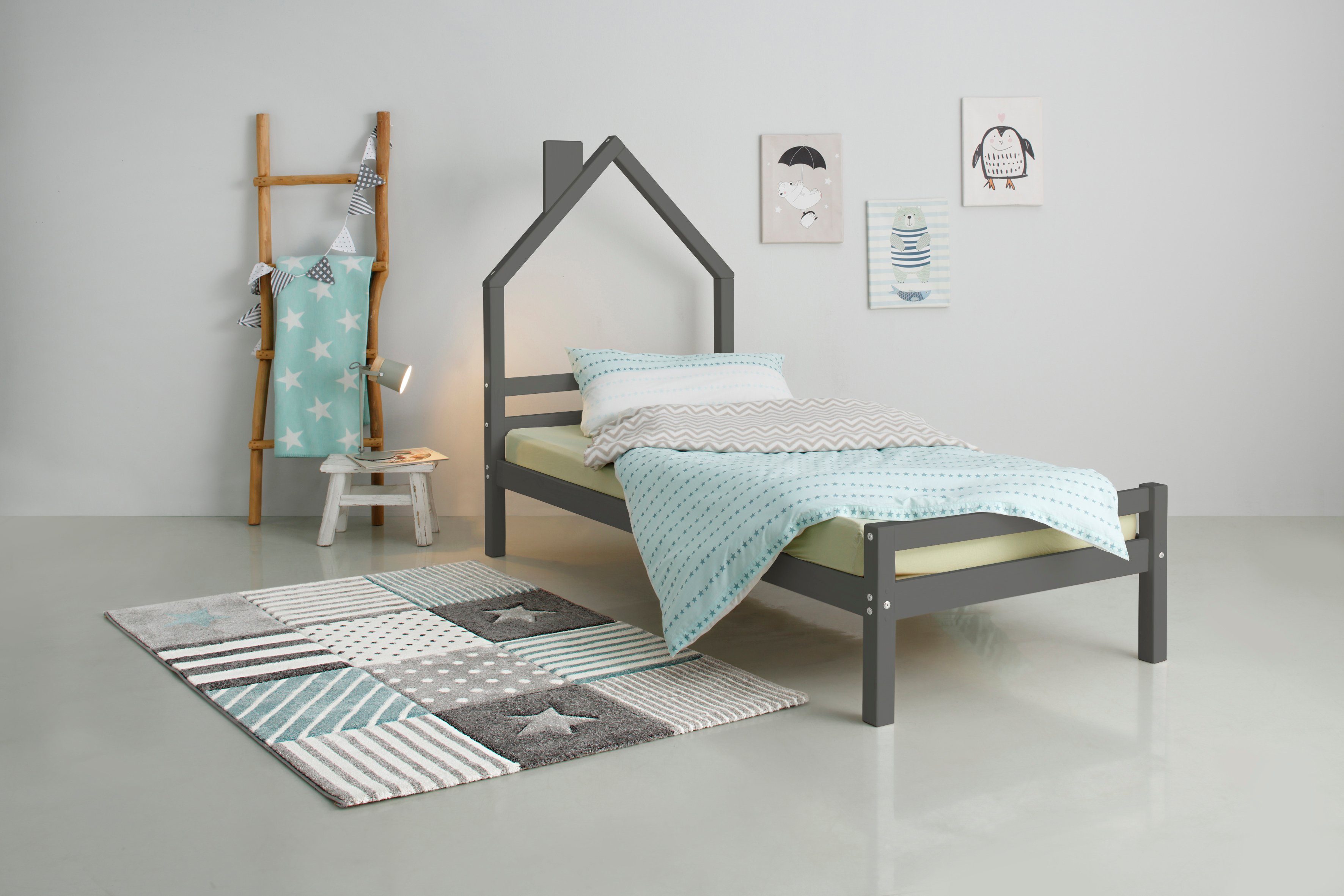 Lüttenhütt Kinderbett Alpi, aus Kiefernholz, verschiedene Farbvarianten, Liegefläche 90x200 cm grau | Babybetten