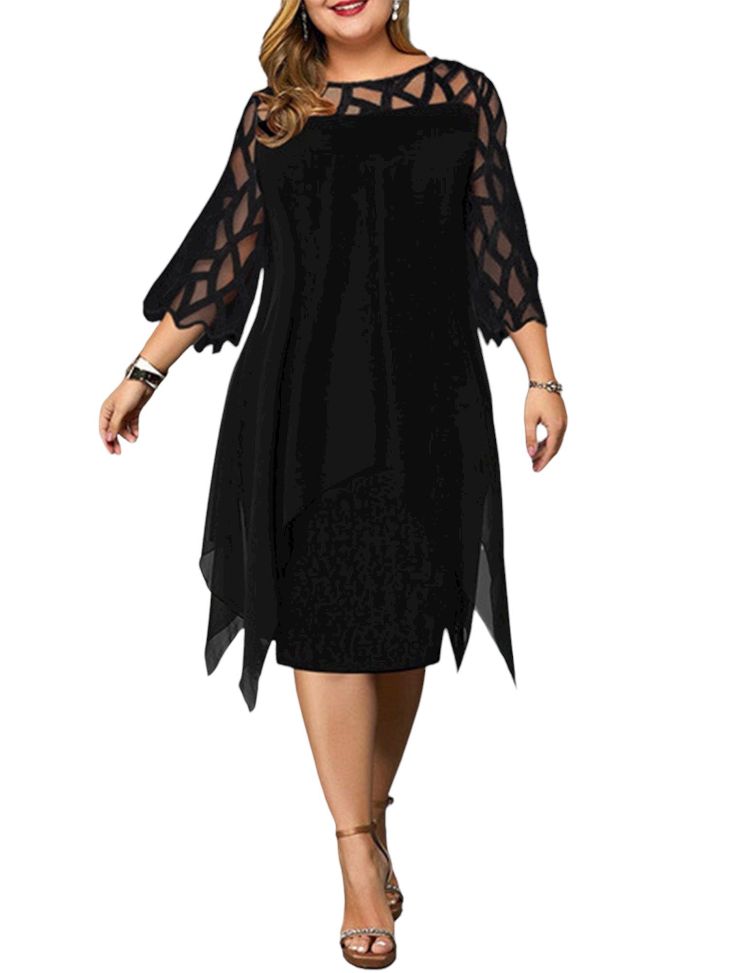 PYL Cocktailkleid Damen Übergröße Schwarzes Abendkleid Elegantes mit  Chiffon 36-48 Größe