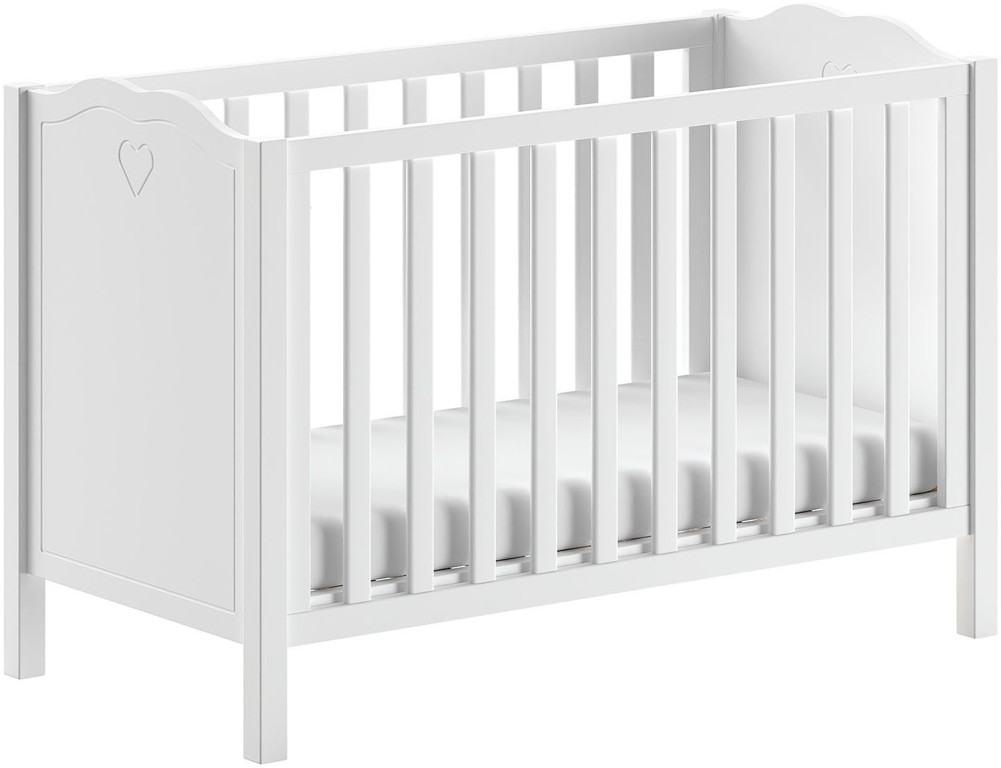 Vipack Babybett Amori 60/120 mit verstellbarem Lattenrost, sehr stabil gebaut, mit geschwungenem Kopfteil und Herz Ornament, weiß lackiert