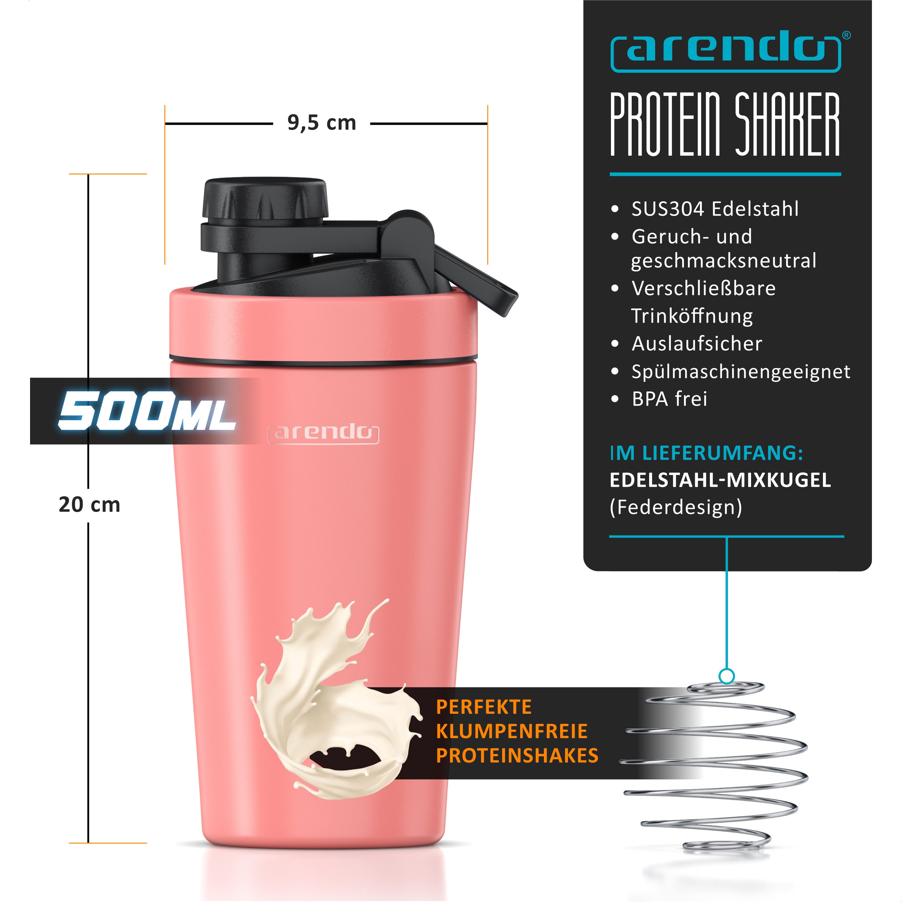Arendo Protein Shaker Edelstahl Eiweißshaker 500 ml, korall, verschließbar, BPA-frei, Edelstahl, auslaufsicher, spülmaschinengeeignet, mit Tragegriff und Mixball