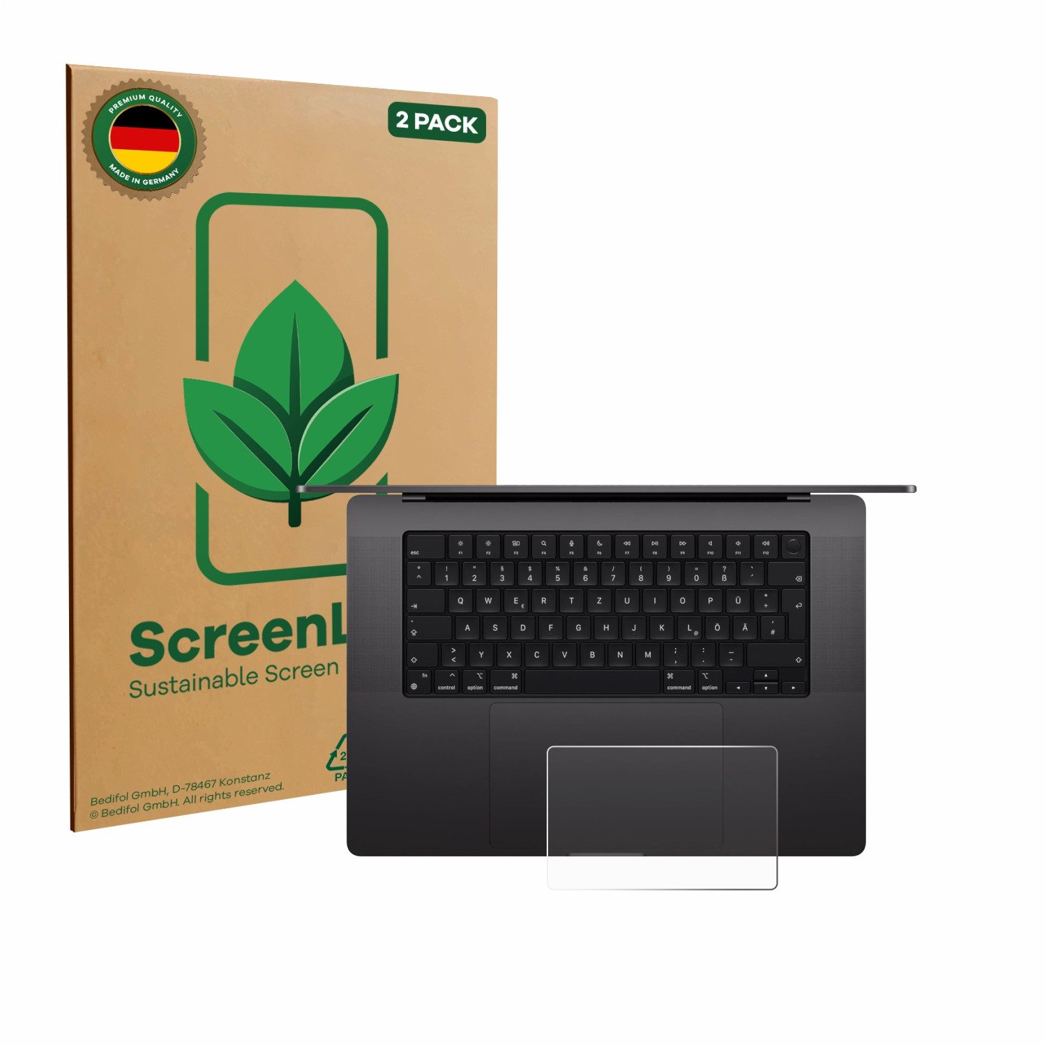 ScreenLeaf Displayschutzfolie Schutzfolie für Apple MacBook Pro 16" M4 2024 (NUR Touch Trackpad), 2 Stück, nachhaltiger Displayschutz Schutz Folie Klar Transparent