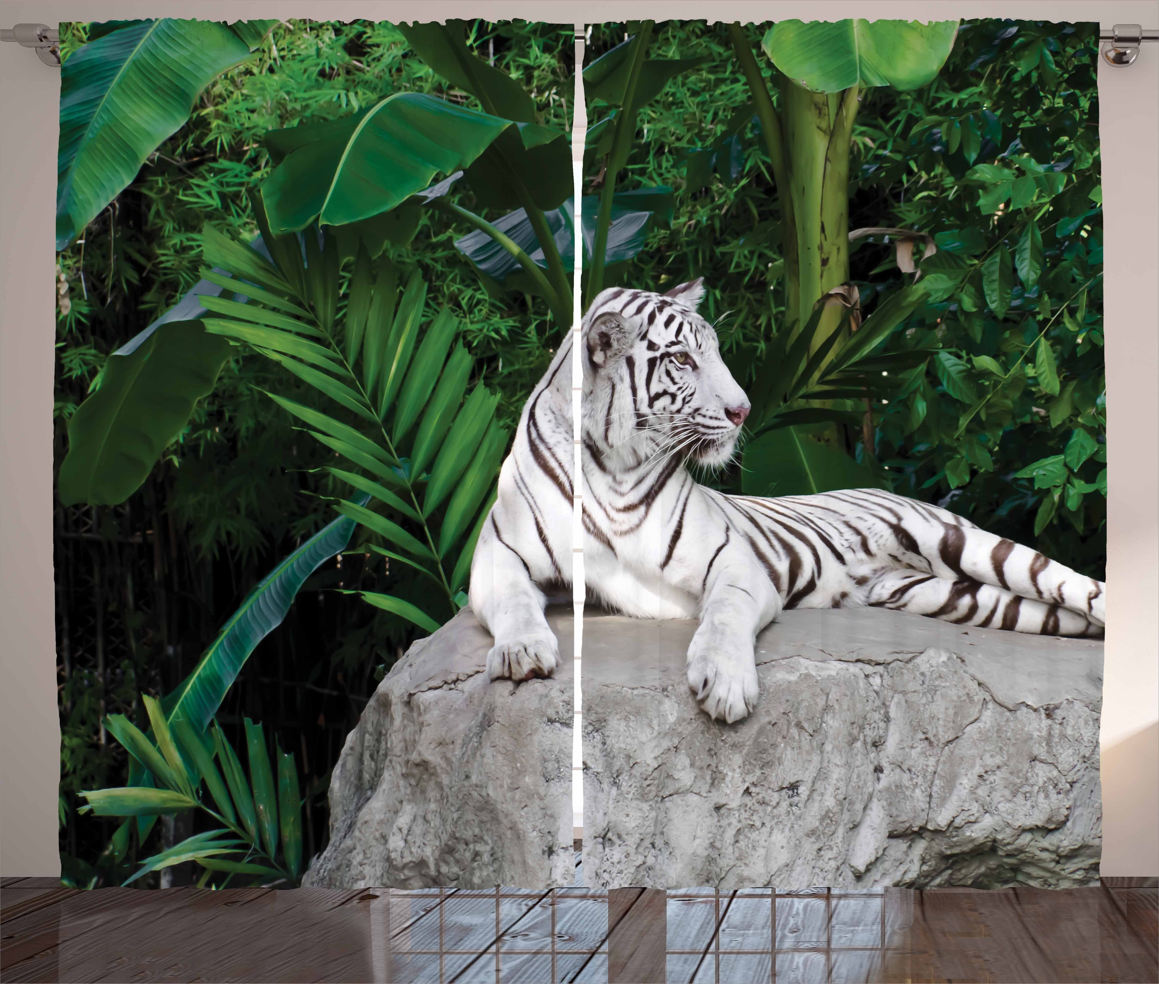 Gardine Schlafzimmer Kräuselband Vorhang mit Schlaufen und Haken, Abakuhaus, Safari White Tiger in Dschungel