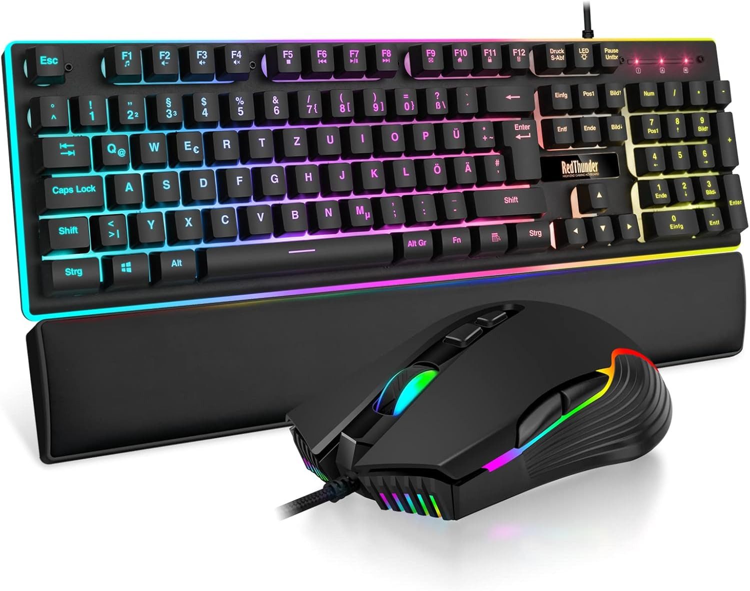 RedThunder RGB Gaming Tastatur Maus Set QWERTZ Ergonomisch Tastatur- und Maus-Set, Gaming Keyboard Maus Set mit RGB Beleuchtung 7200 DPI Präzise