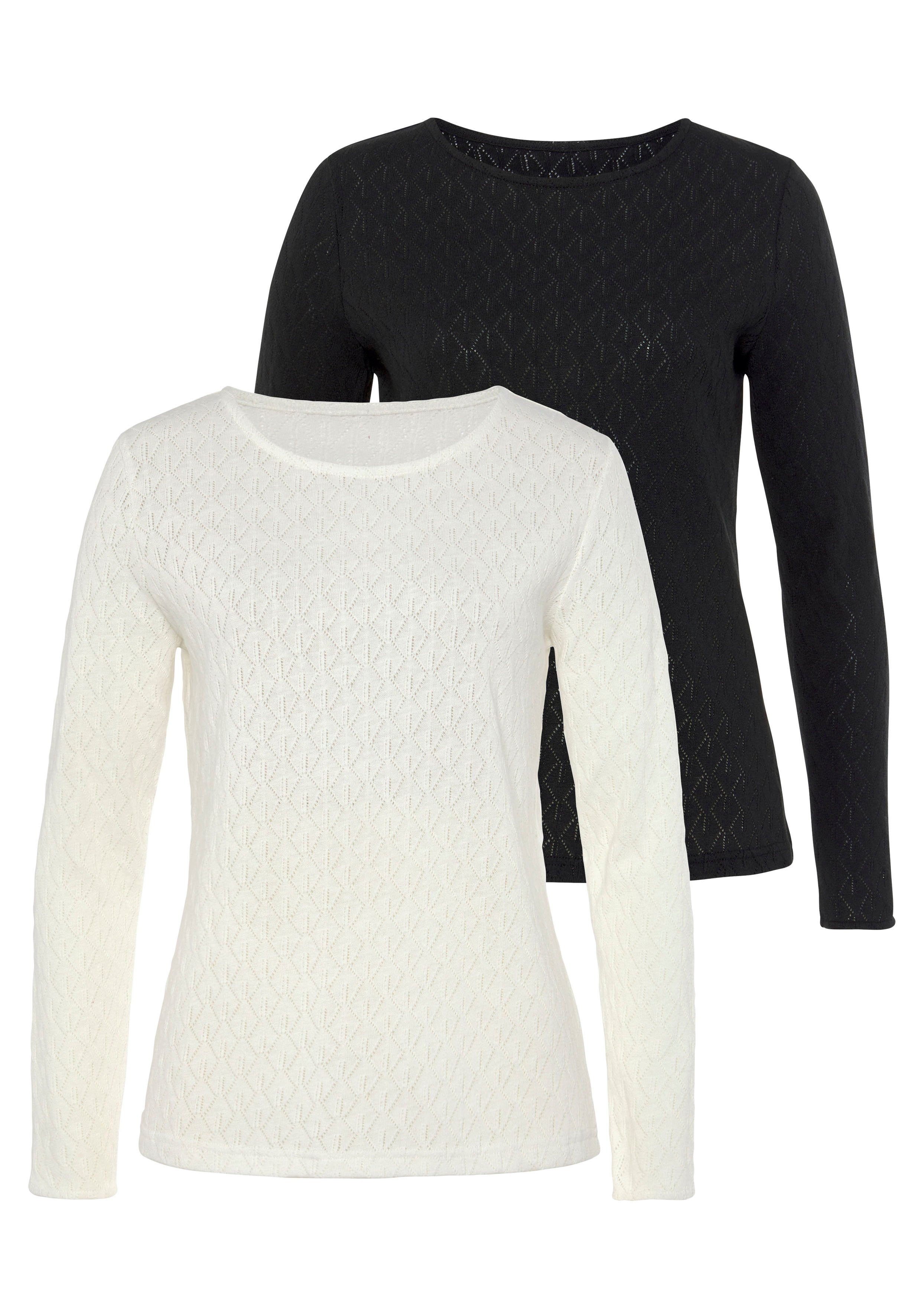 Vivance by Lascana Langarmshirt mit modischem Ajour-Muster (2er-Pack) aus leichtem Baumwollstrick – Bild 3 von 5