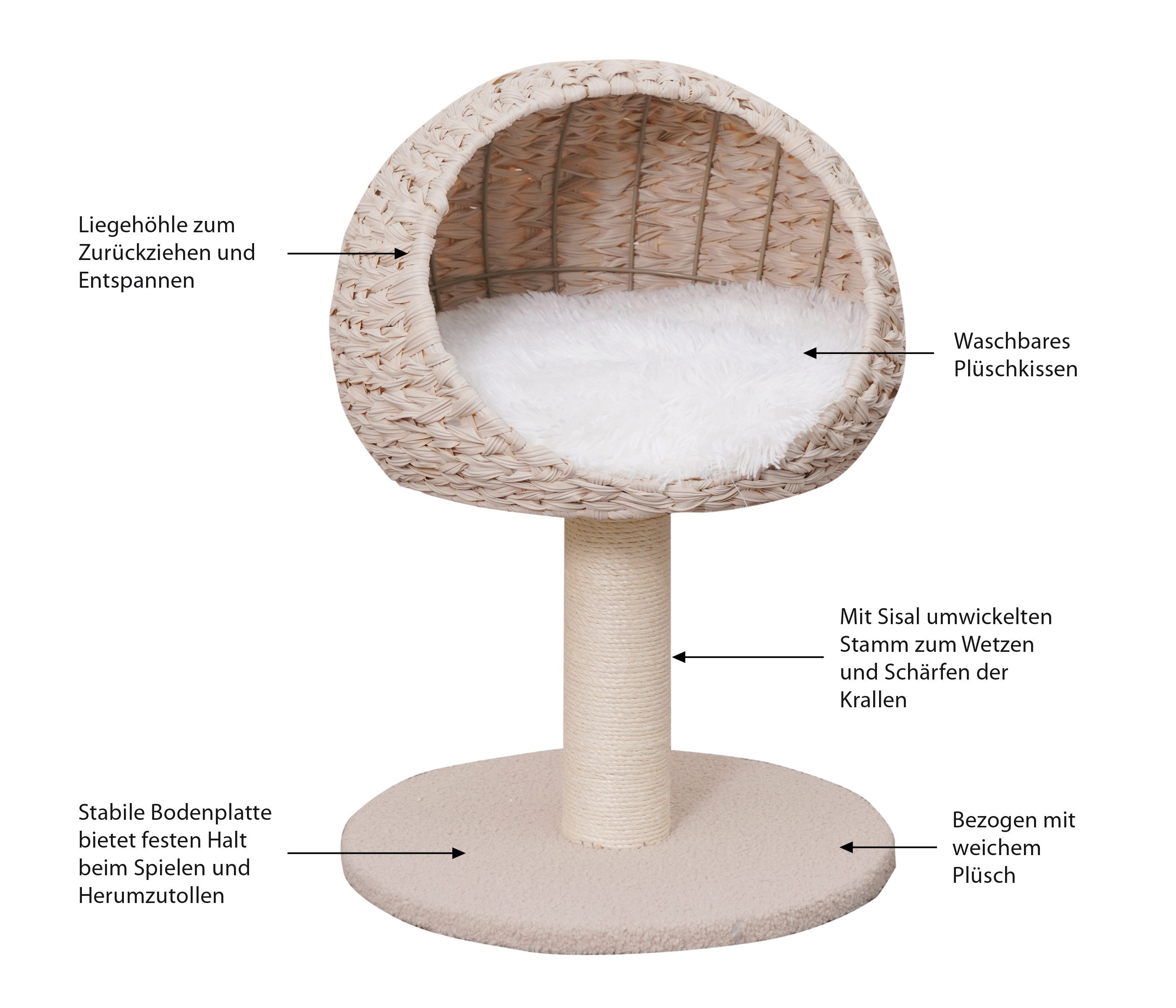 Dehner Kratzbaum Boris für Katzen, ca. 43 x 62 x 43 cm, beige / weiß, Plüsch / Spanplatte / Sisal / Rattan, robust