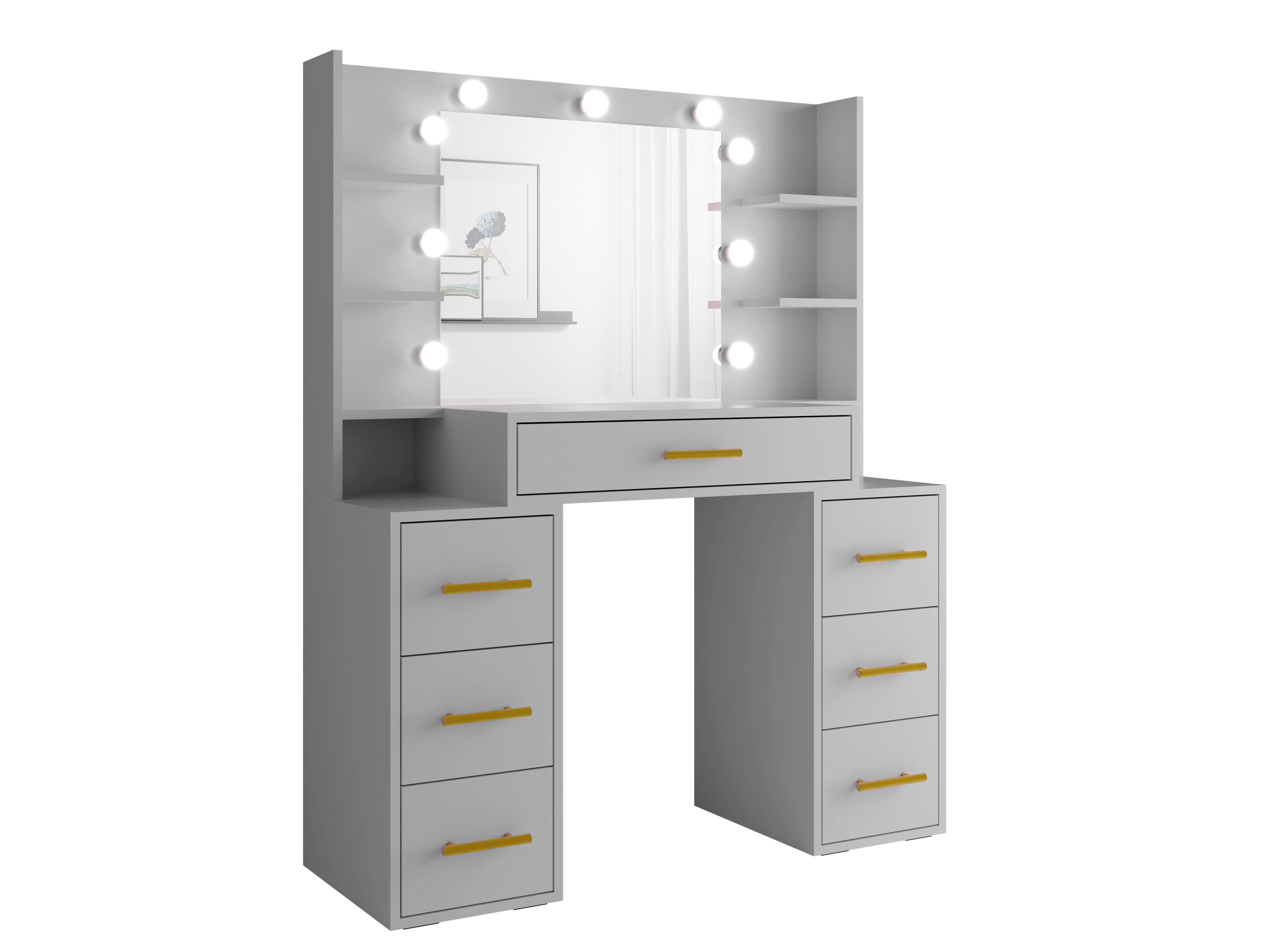 MOEBLO Schminktisch Syrius (Schminktisch Syrius mit Spiegel und LED Mit 7 Schubladen und 8 Ablagefächern), -(BxHxT):110x140x40 cm